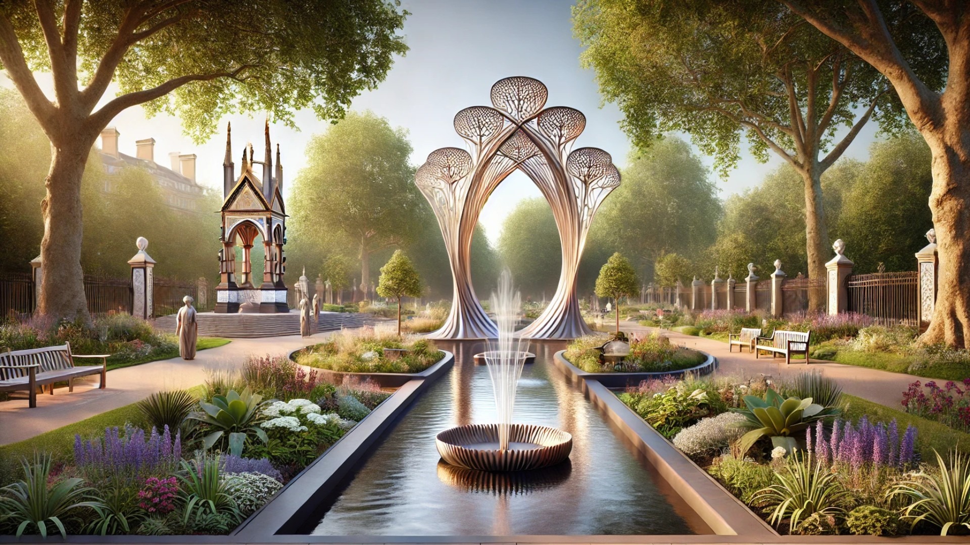 depicting the envisioned memorial for Queen Elizabeth II in St James’s Park, with serene gardens, a tiara-inspired bridge, and elegant architectural elements reflecting tradition and modernity