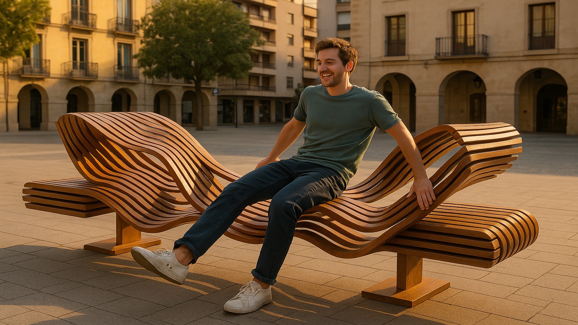 A young man smiles as he sits on a wave-shaped kinetic wooden bench in a sunlit European plaza at dusk.