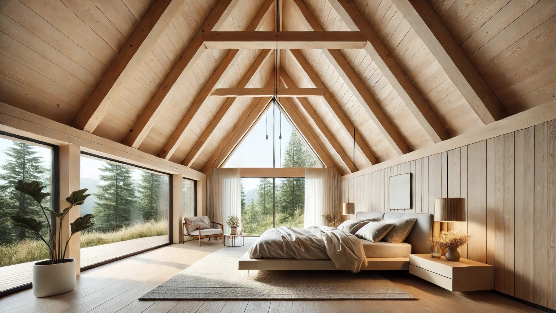 Serene primary suite at House Caroline, under an A-frame roof, showcasing the exposed Douglas Fir beams and tranquil, light-filled retreat ambiance