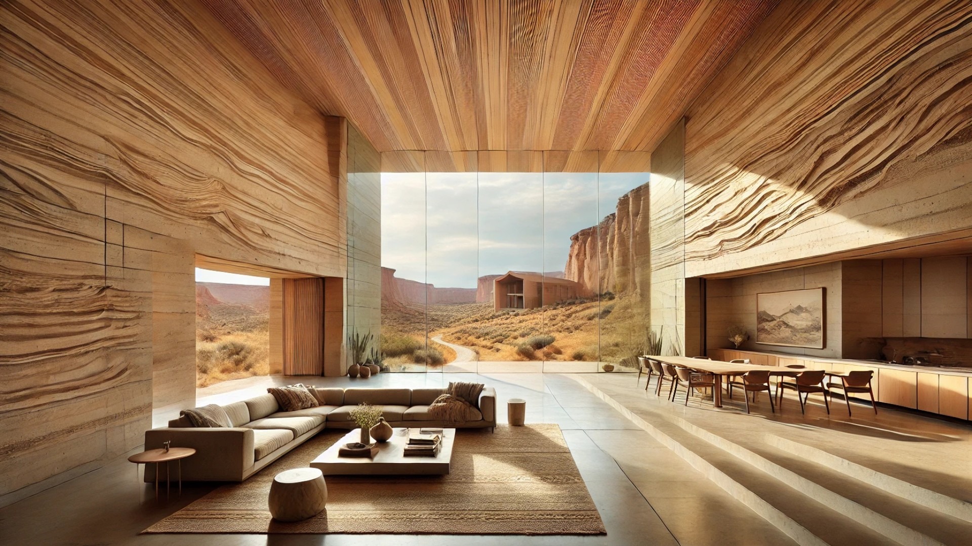 interior perspective of the Freedom House, highlighting its natural materials, minimalist design, and strong connection to the surrounding Wyoming landscape