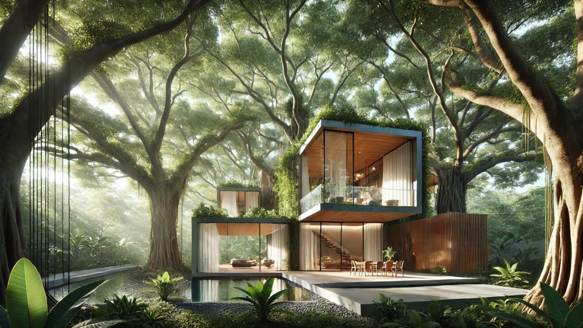 Cashew Garden House, highlighting its seamless integration with the surrounding cashew trees and tropical environment in southern Vietnam