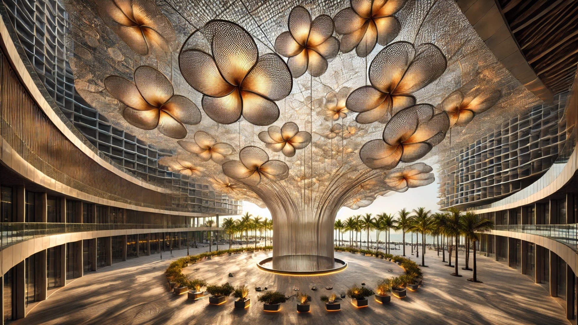 illustrated interpretations of the "Bloom" installation on Hainan Island, capturing its ethereal motion, floral inspiration, and interaction with light and the surrounding tropical environment