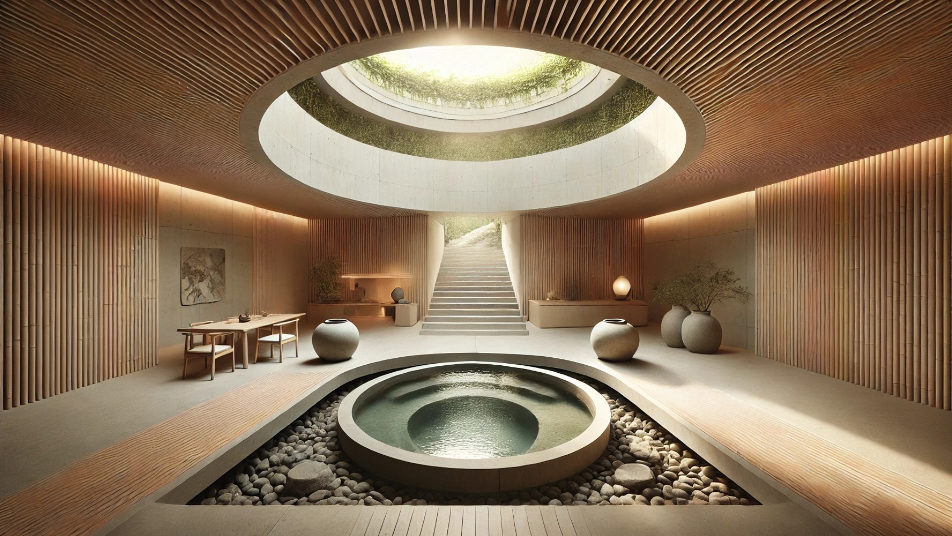 highlighting the serene sunken jacuzzi beneath the circular skylight, designed to capture the relaxing essence of the Rolling House interior