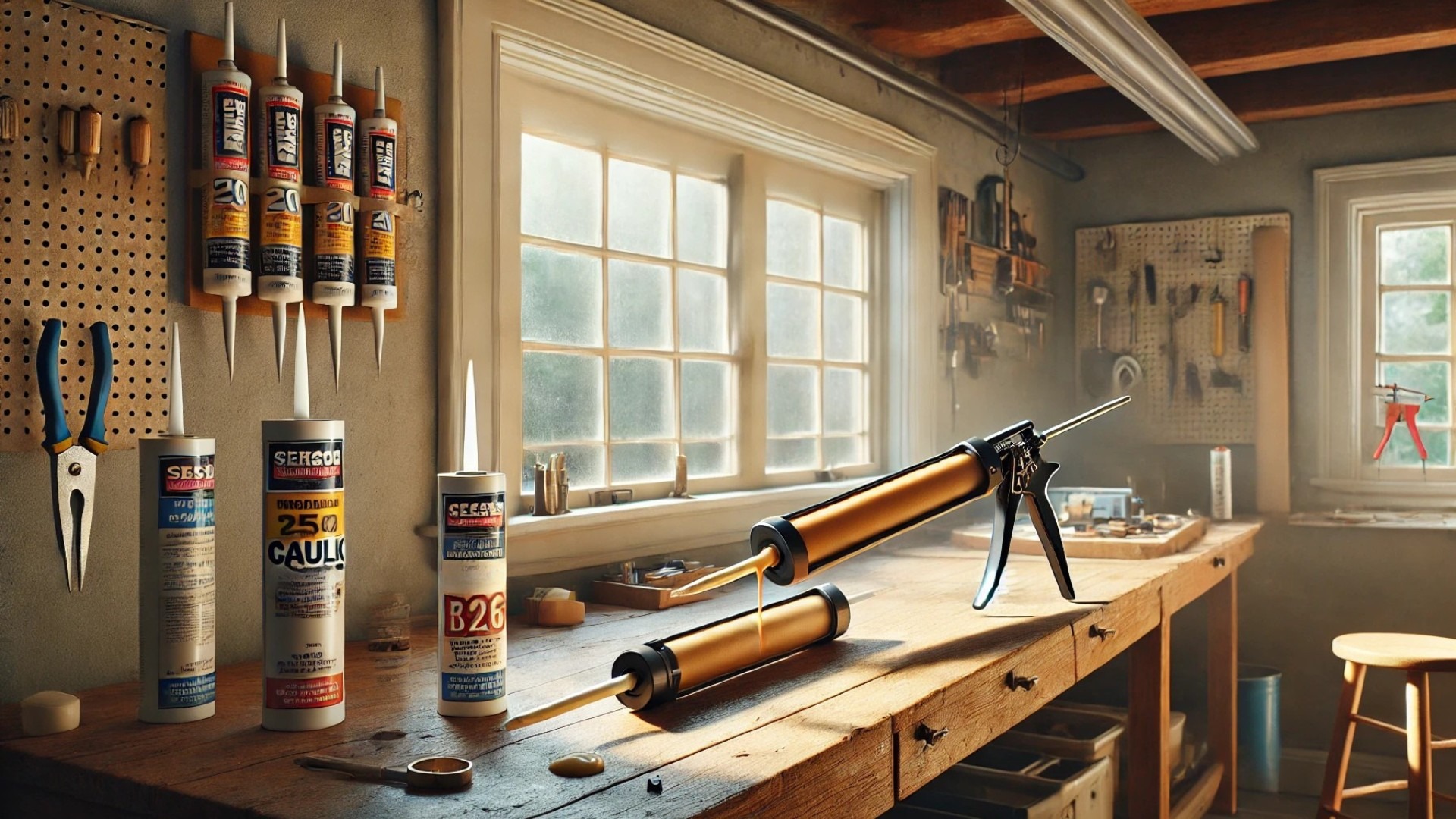 Caulk gun in a workshop setting