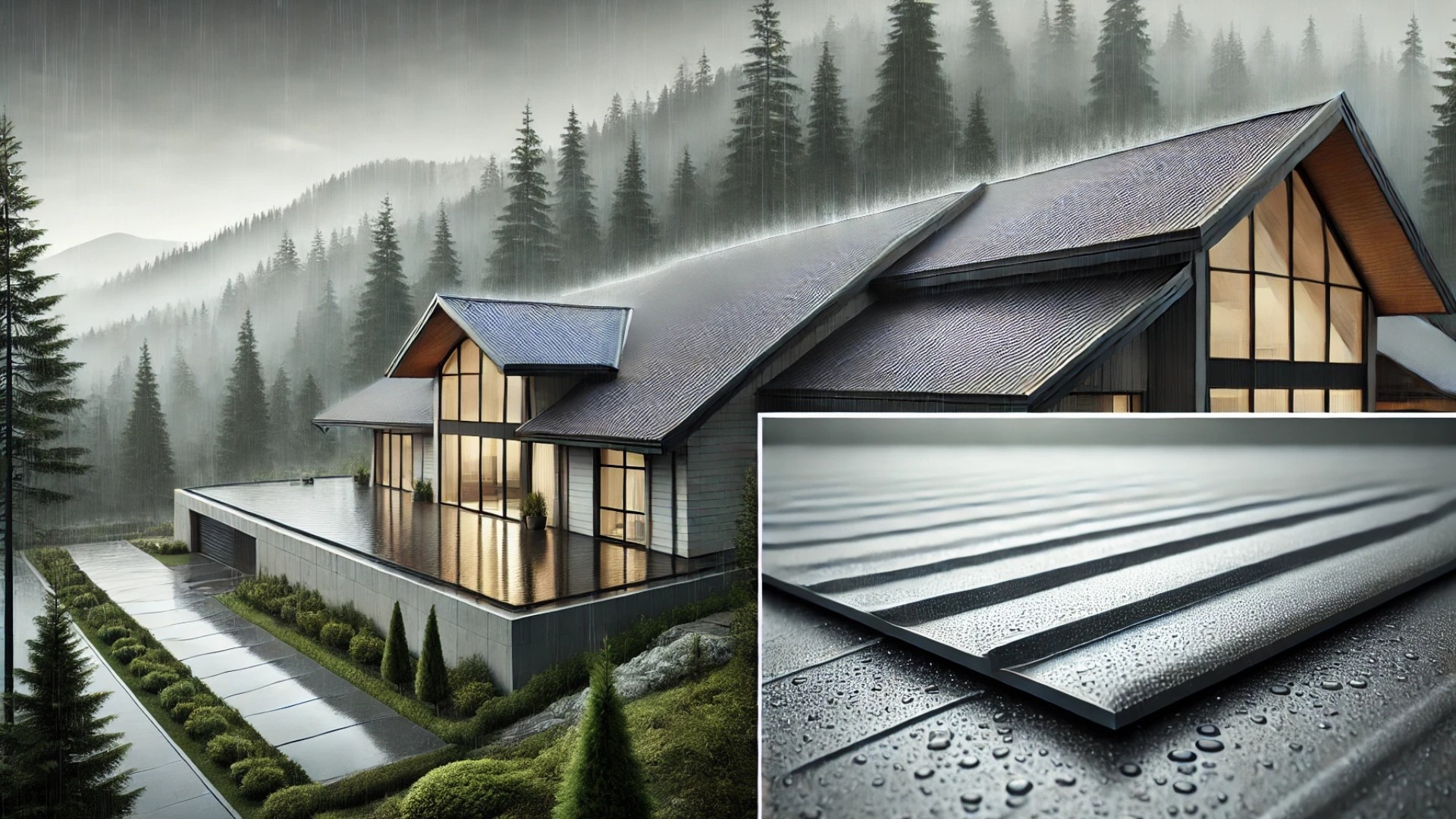 modern home in Washington state with both asphalt and metal roofing, designed to highlight the weather-resilient qualities suited to the region's climate
