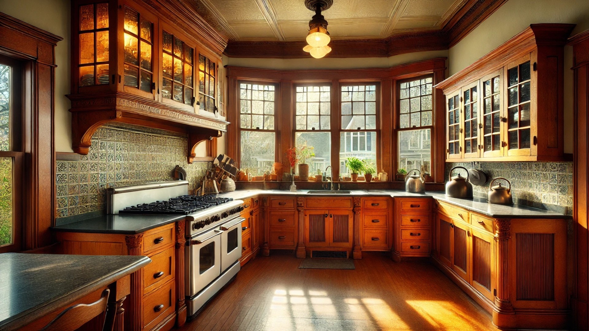 restored 1920s Craftsman kitchen, emphasizing historical charm and period-appropriate details in a warm, elegant setting
