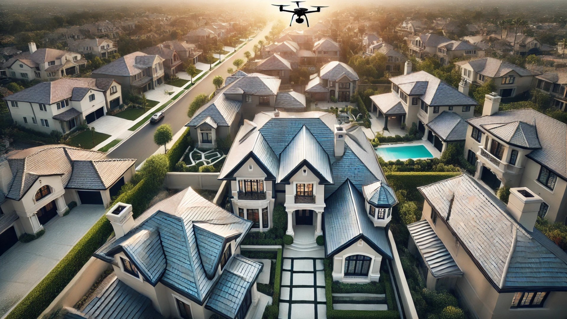 capturing the refined elegance of high-end rooftops and aerial technology, designed to reflect the luxury roofing market