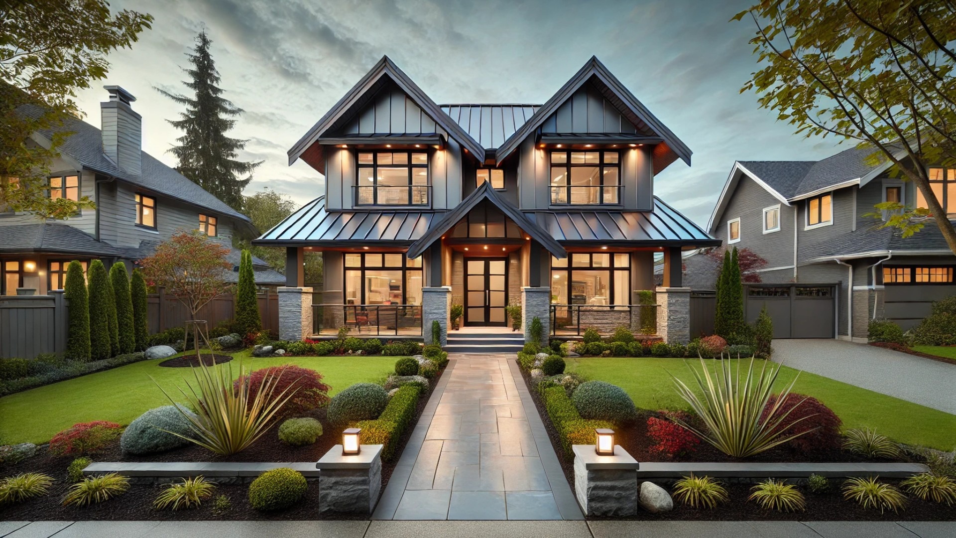 capturing the essence of a high-quality real estate "hero shot" with strong curb appeal and premium architectural features