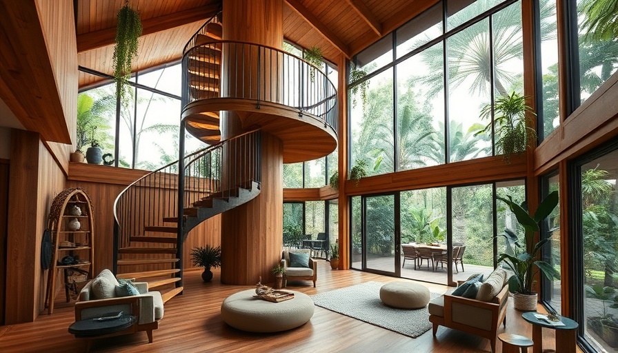 Spiraling timber structure in modern Brazilian home with lush greenery.