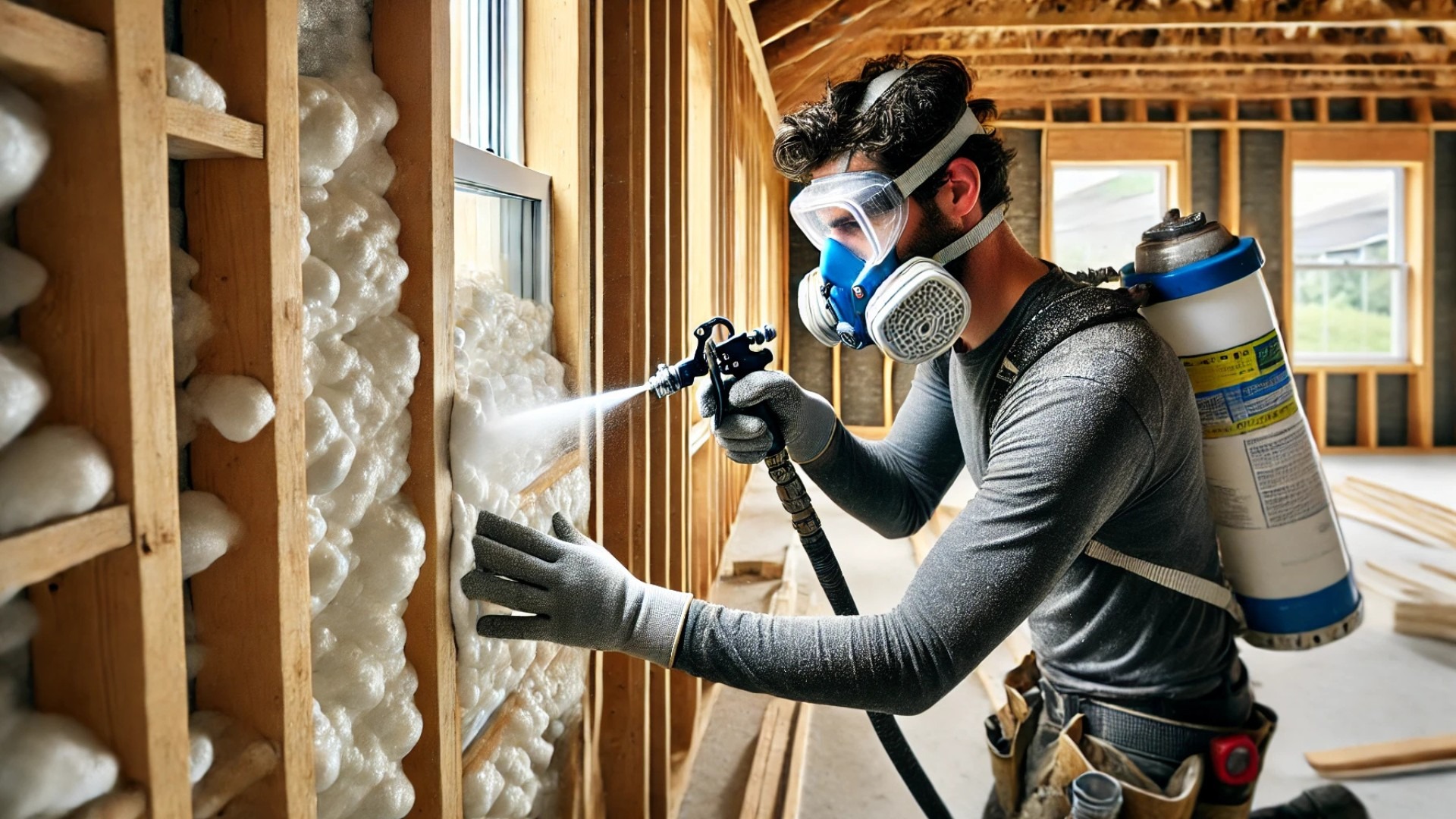 contractor neatly applying spray foam insulation within a wall cavity