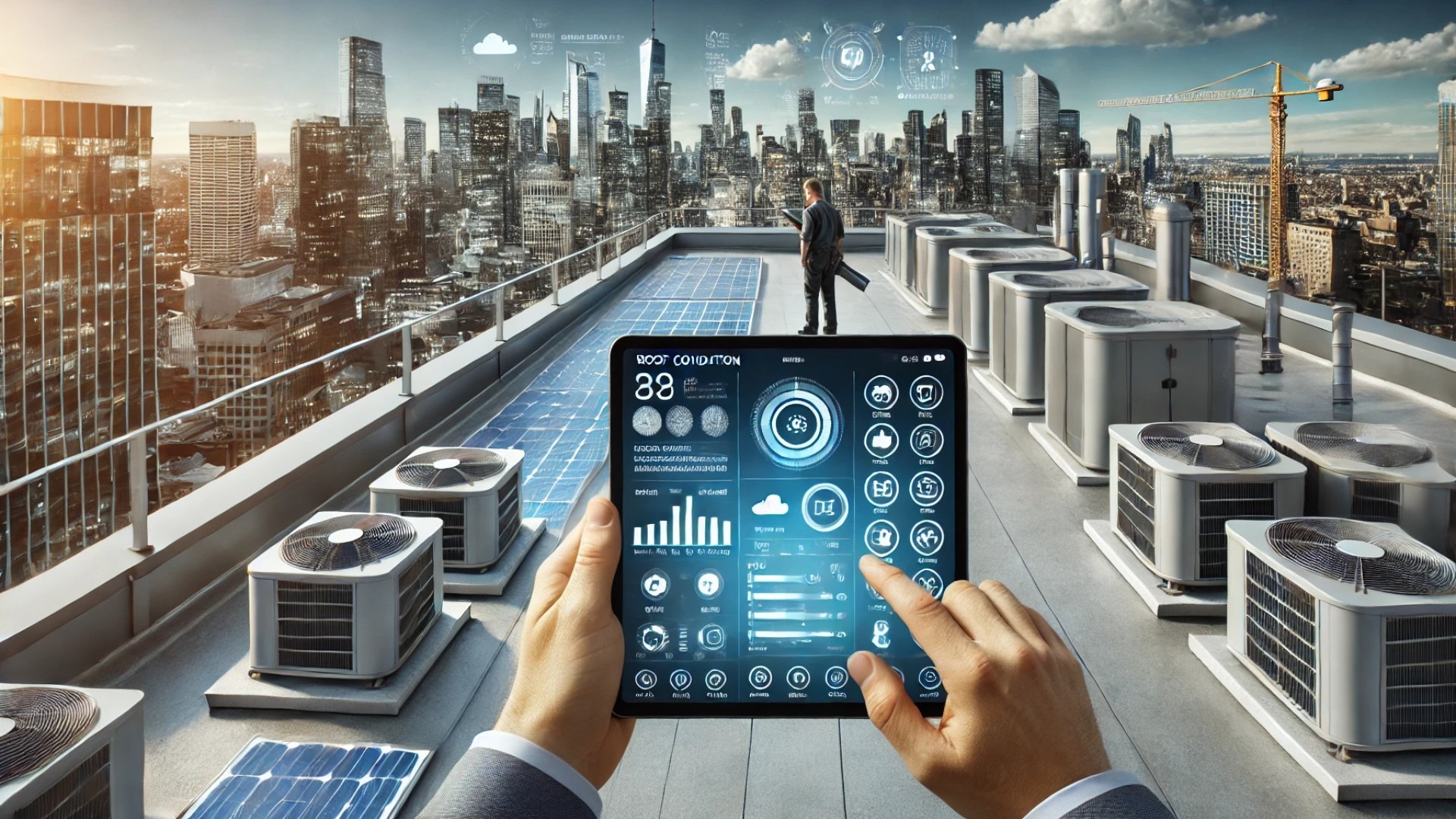 illustration of the IKO app concept, showing a modern rooftop environment with a digital inspection interface