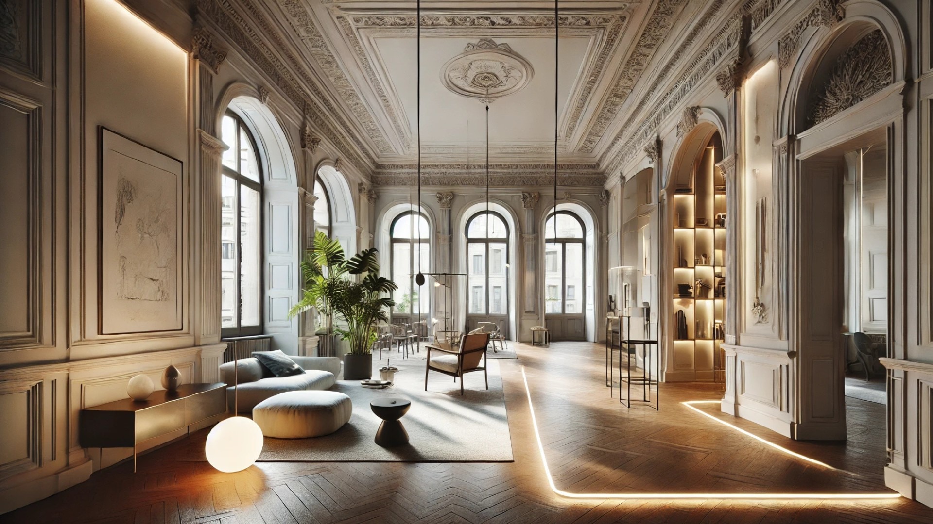 capturing the elegant fusion of historical architecture and modern design within the renovated Turin apartment