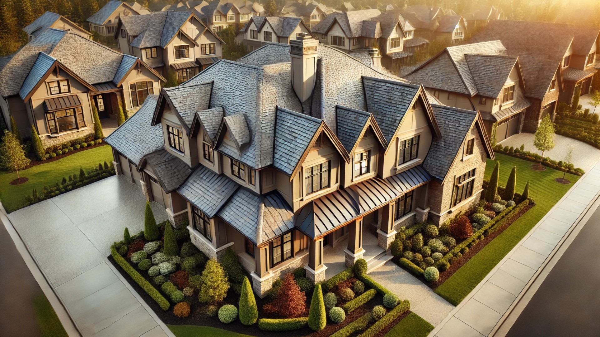 showcasing a luxurious home with a detailed roof featuring premium GAF shingles