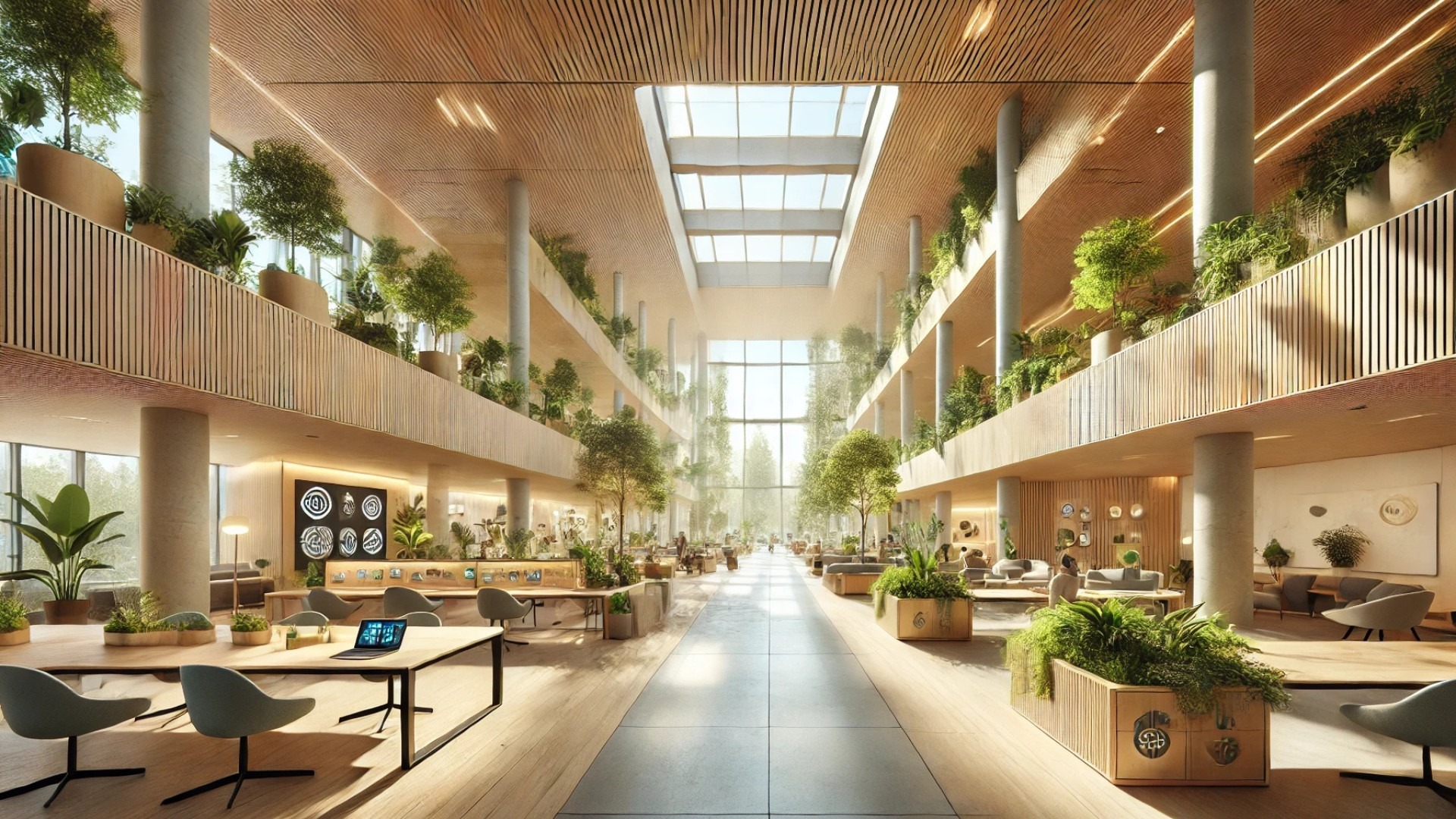 sustainable, resilient building design with eco-conscious materials, biophilic elements, and climate-adaptive features