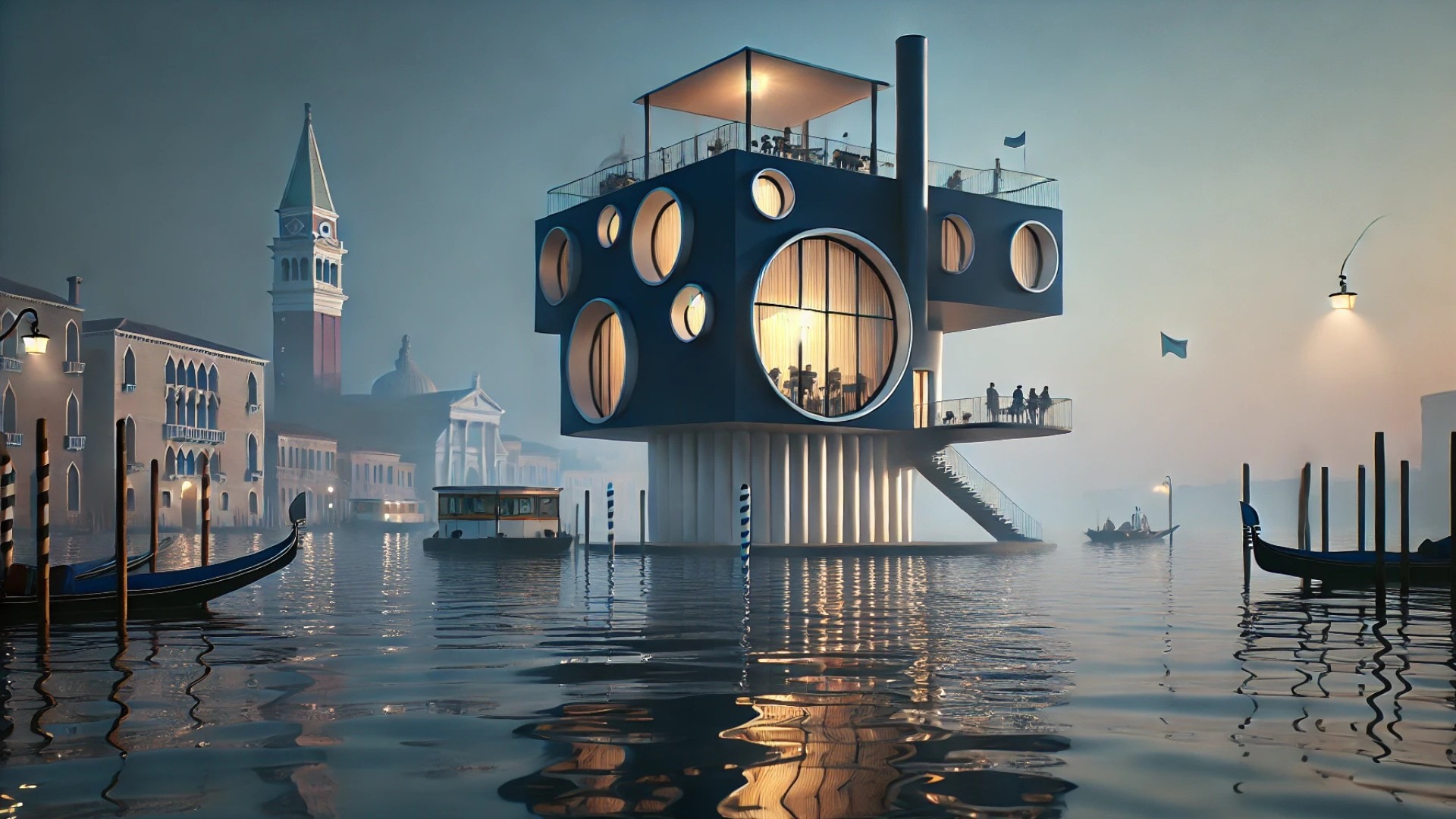 Aldo Rossi's Teatro del Mondo, capturing its poetic presence floating on the waters of Venice