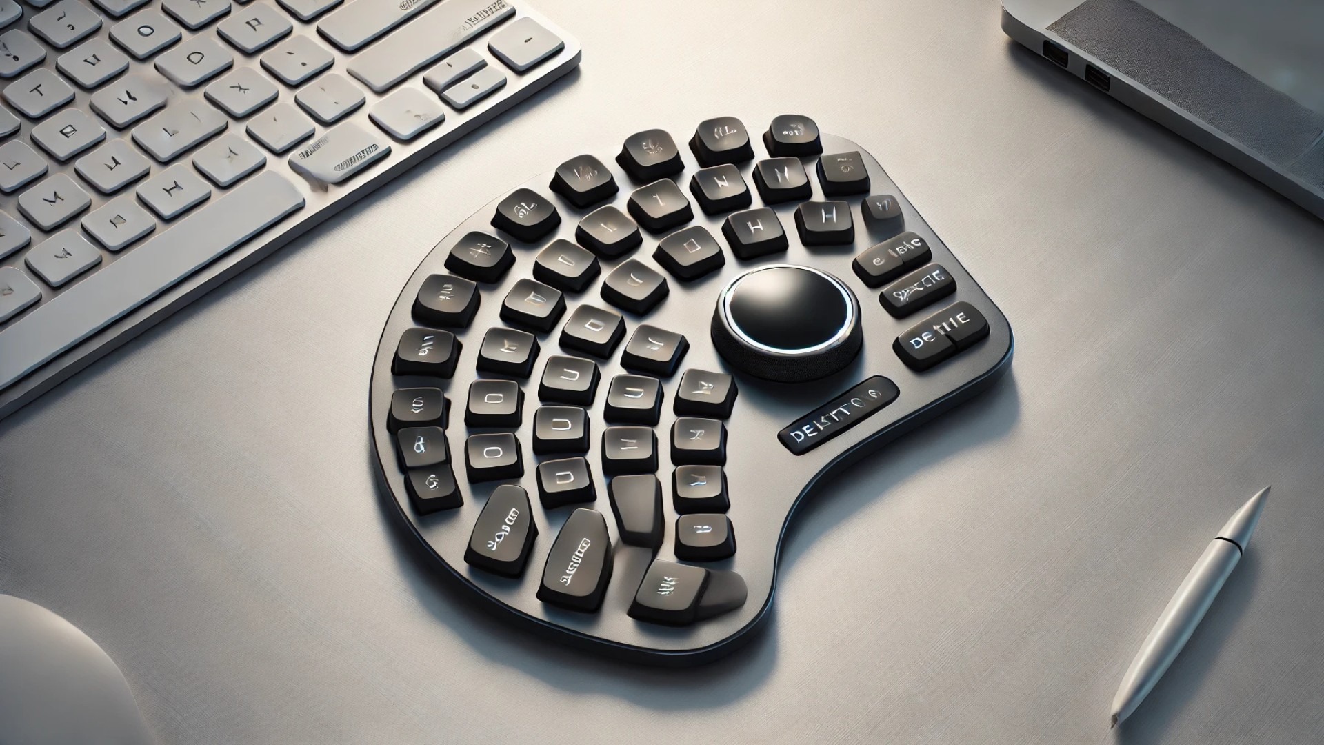 showcasing the innovative fan-shaped one-handed keyboard, complete with built-in trackball and user-friendly ergonomic design