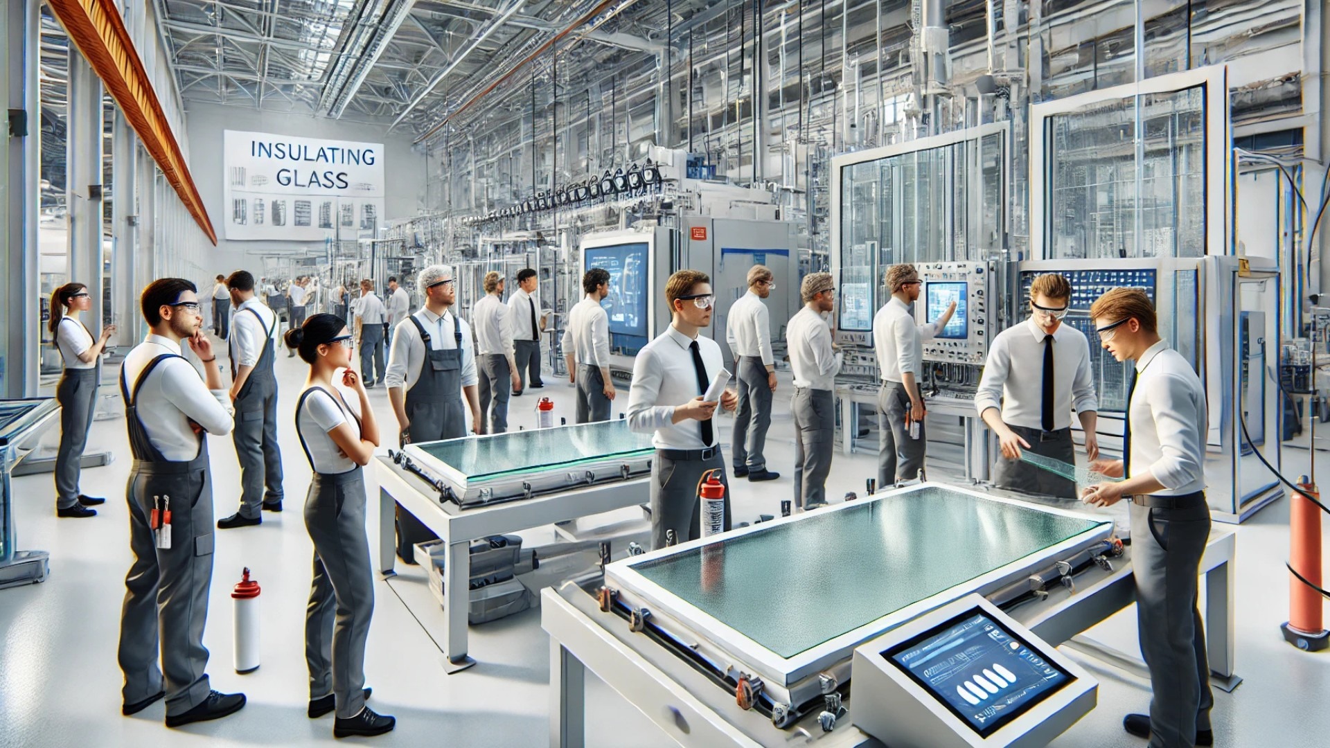 capturing the atmosphere of the insulating glass fabricators workshop, with a focus on hands-on learning and modern equipment in a collaborative, high-tech environment