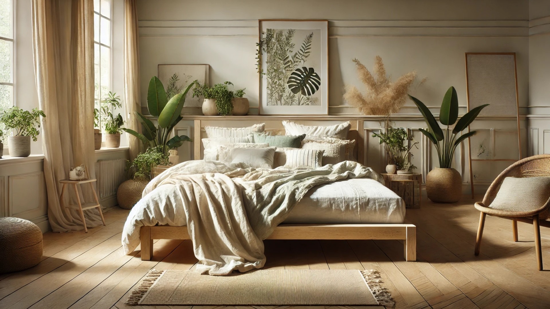 capturing the essence of sustainable luxury bedding in a serene, eco-conscious bedroom