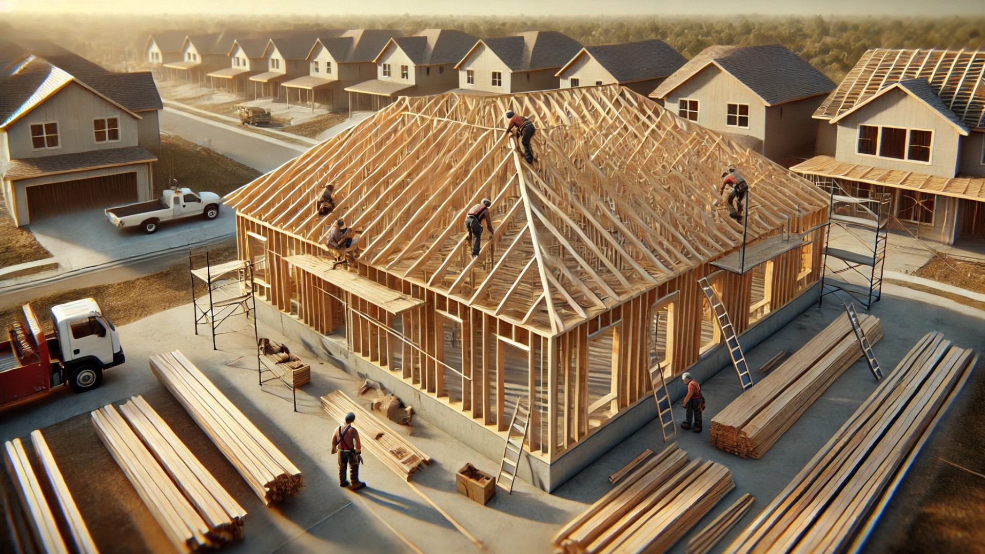 capturing the installation of trussed rafters on a residential construction site, emphasizing safety, structure, and craftsmanship