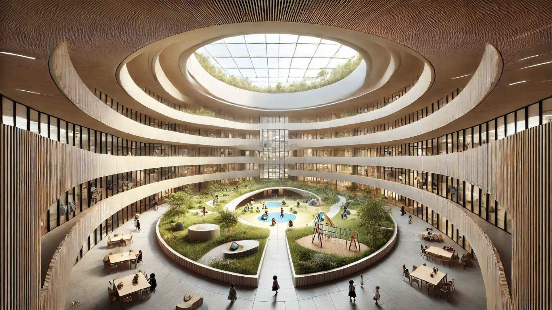 interior view of the elliptical school design, emphasizing the central courtyard, safety, and fluid interaction between spaces