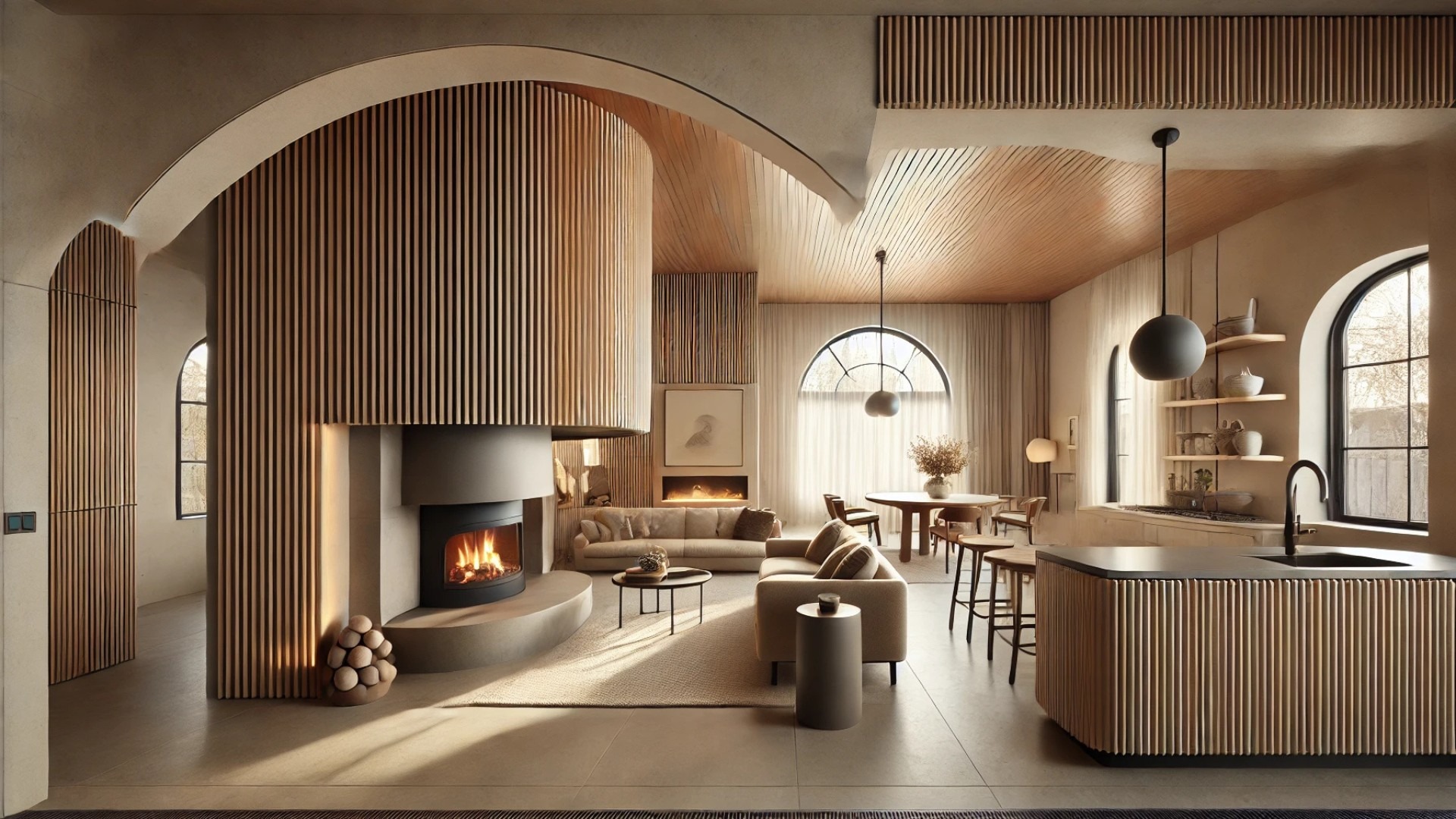 capturing the warm, modern transformation of the Calgary bungalow with curved elements and a family-friendly, sculptural design