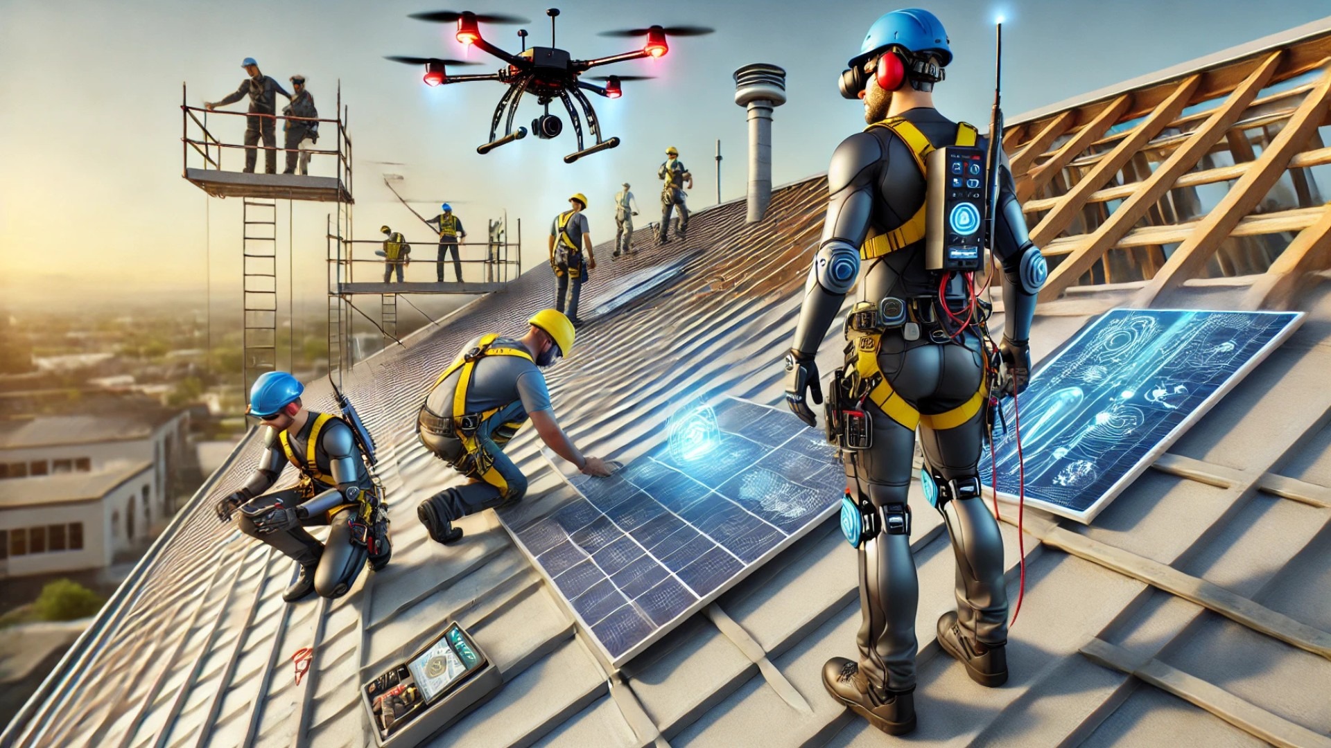 capturing the integration of advanced safety technology on a modern roofing construction site