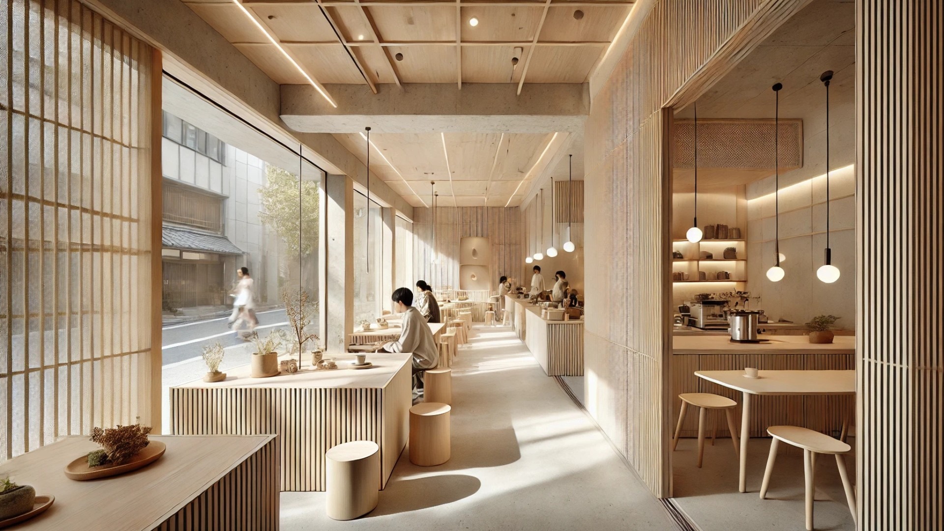 capturing the warm, minimalist atmosphere of Heys Coffee Shop in Osaka