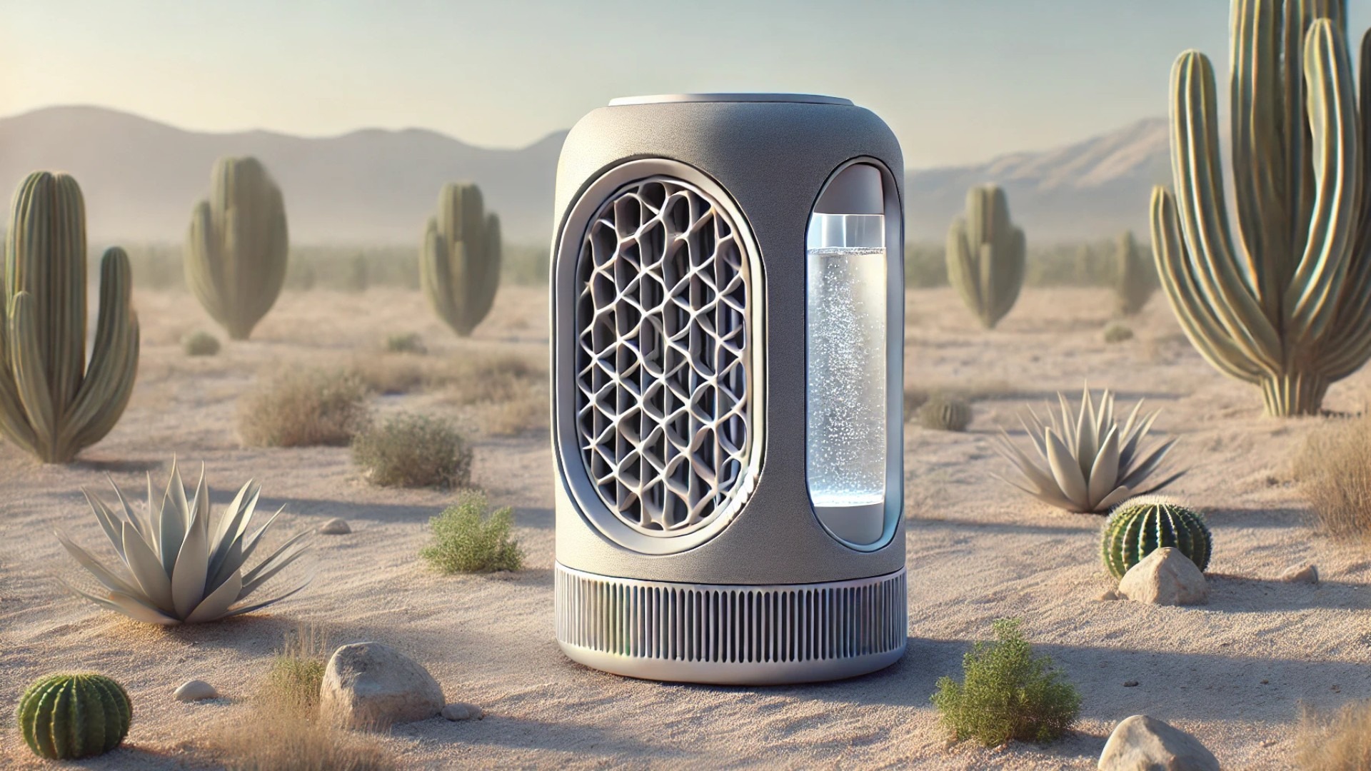 "Water from Air" device, shown in a clean, arid environment with a focus on its innovative and sustainable design