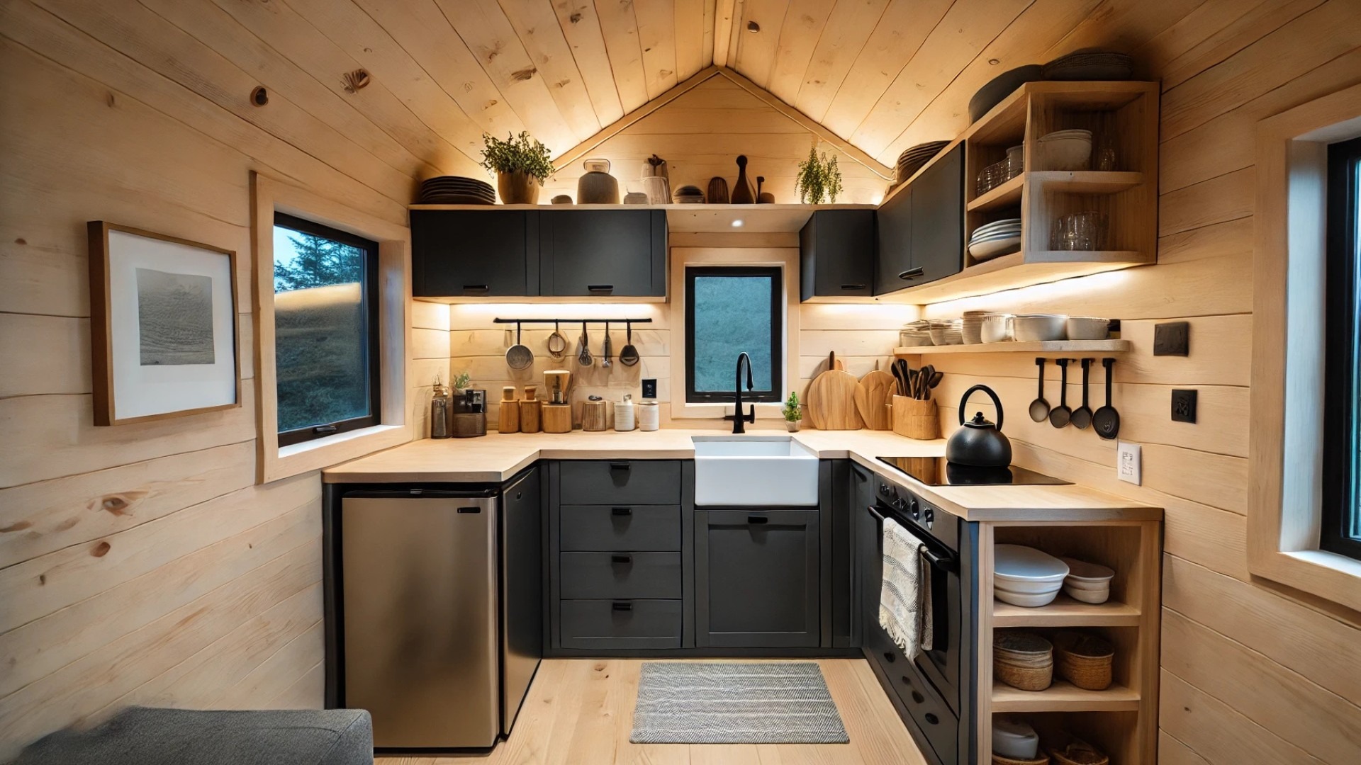 Black Crane Treehouse kitchen, highlighting its compact, modern design with custom black cabinetry, natural wood tones, and warm, ambient lighting