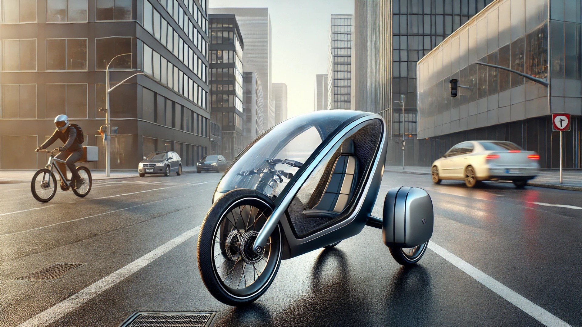 Electrom slim e-bike, highlighting its streamlined design and movable polycarbonate top in a modern urban setting