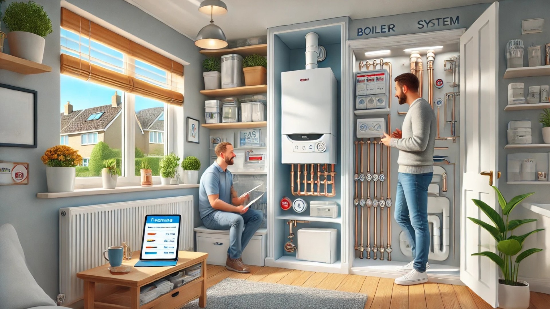 modern boiler installation with a focus on financial clarity and ease—showing a technician assisting a homeowner in a clean, energy-efficient home setting