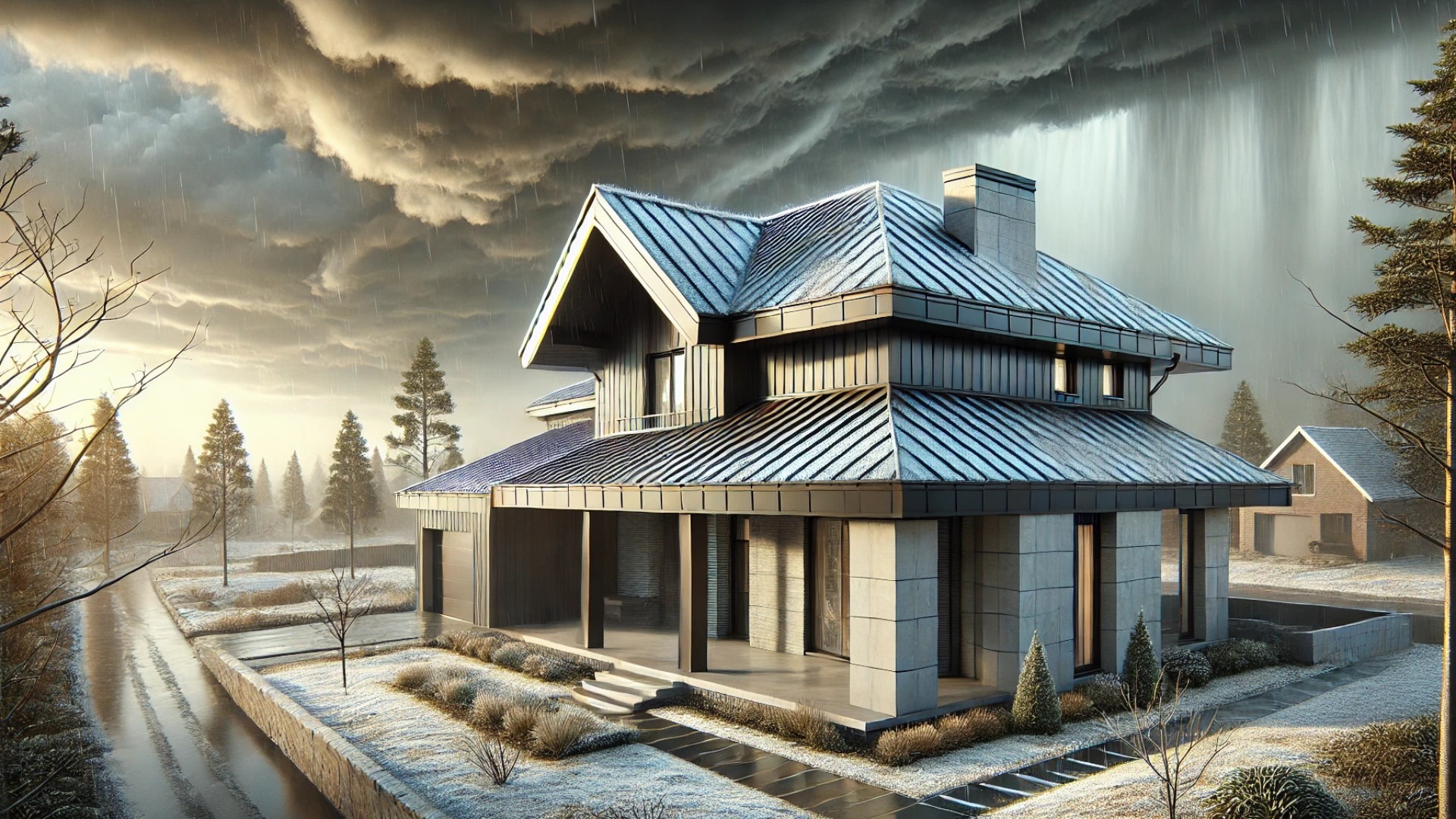 storm-resistant home with DECRA-style roofing, emphasizing durability against harsh weather while maintaining a strong aesthetic presence