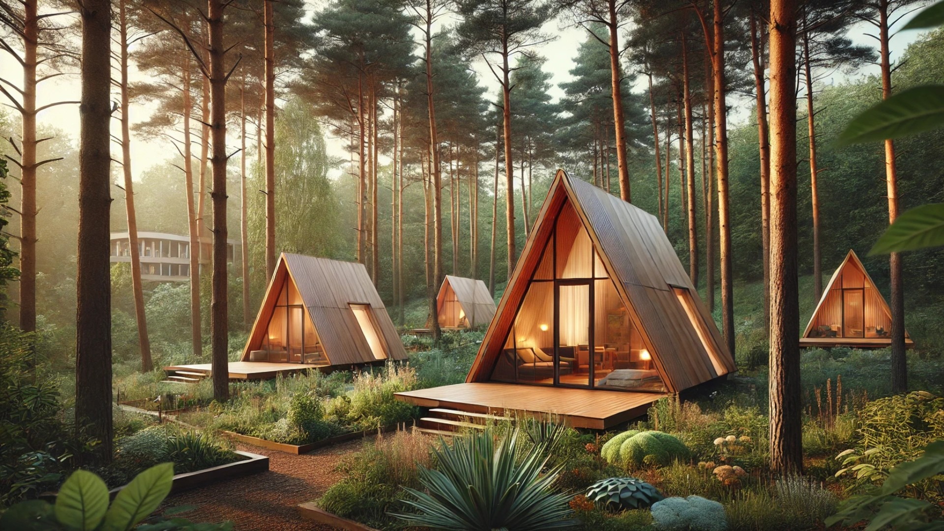 Modern A-frame Namety Cabins—modern, minimalist structures nestled in nature, blending nostalgic design with sustainable architecture