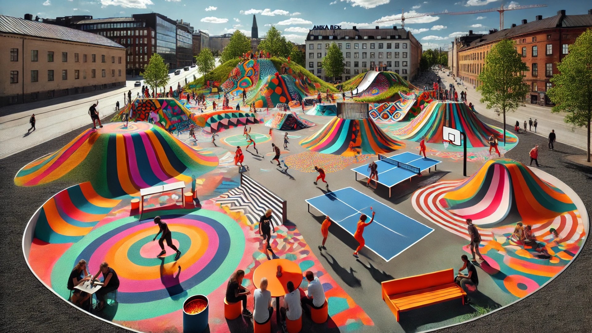 illustration of the "Transparent Happiness" installation at Amos Rex Museum, inspired by Yinka Ilori’s playful, vibrant style and multifunctional public space transformation