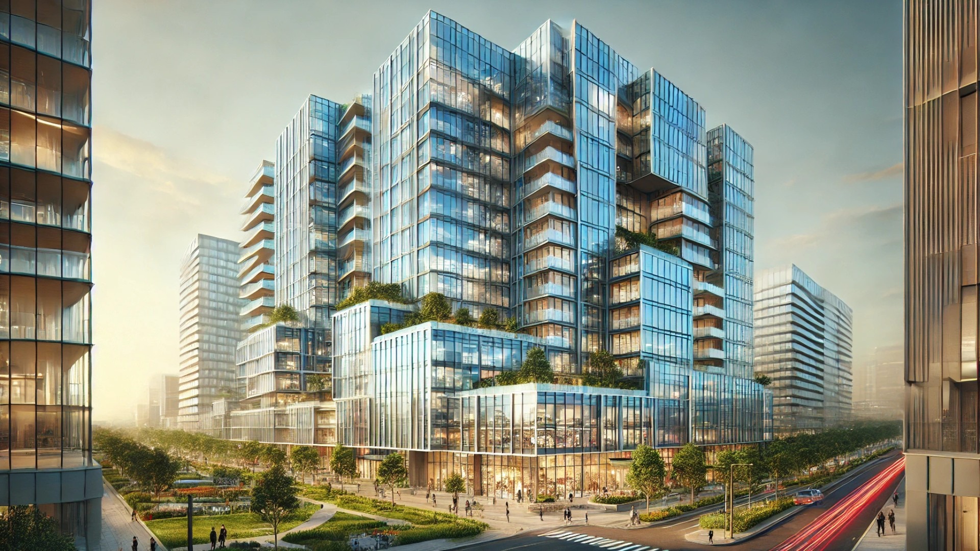 illustration of the LEED-certified mixed-use tower with sustainable curtain wall systems and integrated urban design features