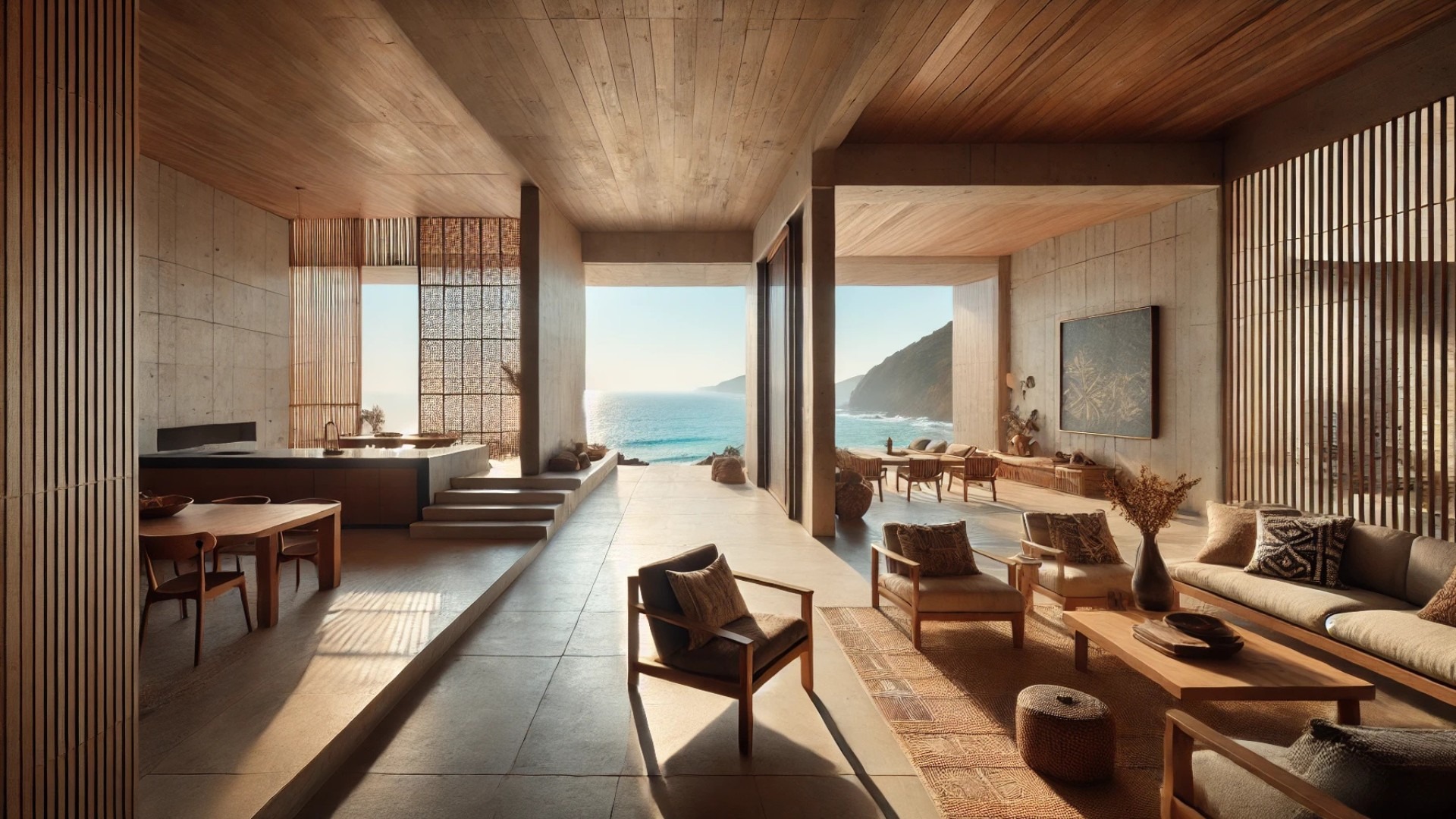 focusing on Casa Tobi’s unique blend of cozy solitude and expansive social spaces, with an emphasis on natural materials and seamless indoor-outdoor living