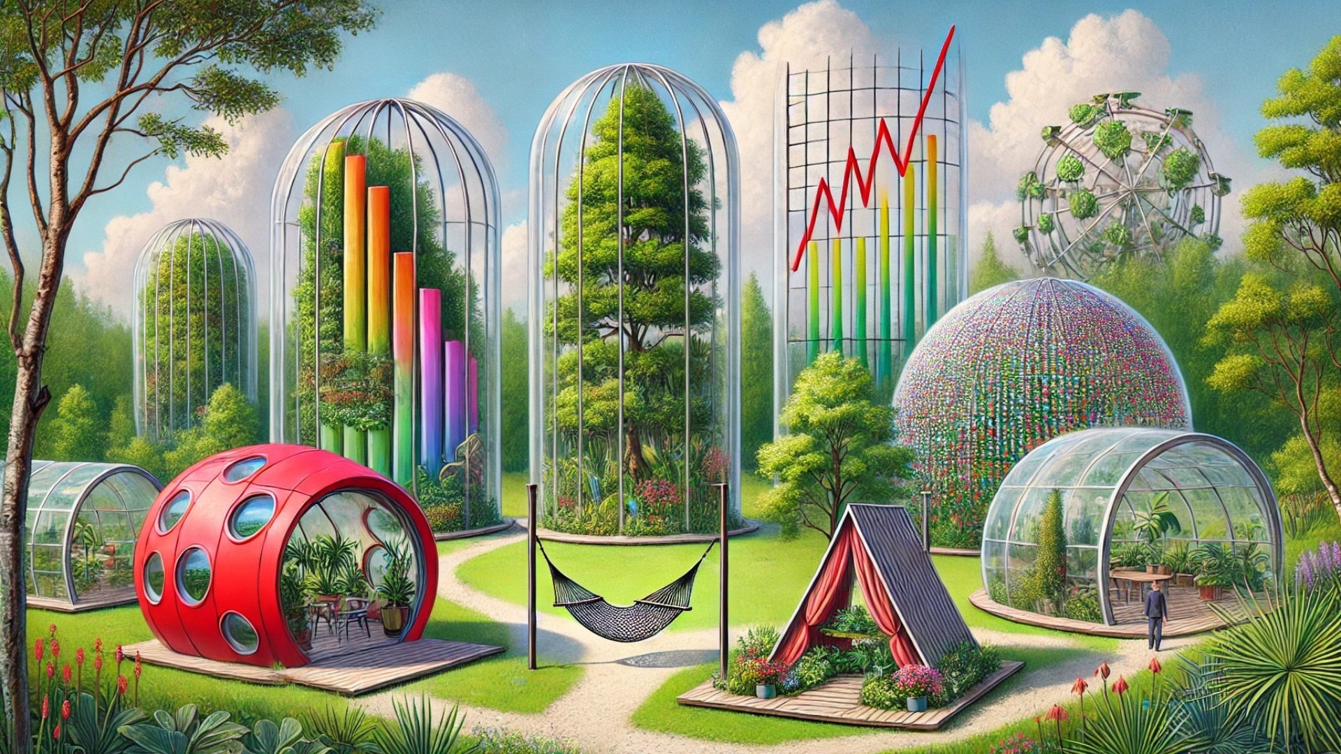 illustrating concepts of the Broken Greenhouse / Embodied Climate Futures installation, showing the imaginative and ecological designs in a lush botanical setting