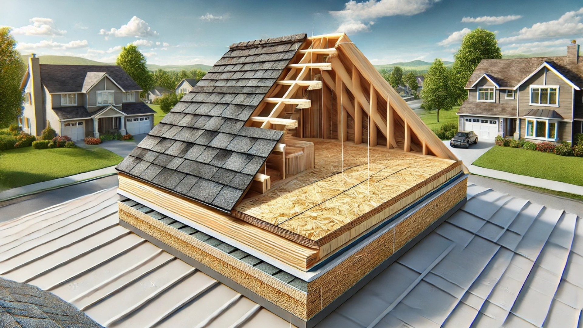 detailed cross-section of a modern roof, visually comparing plywood and OSB sheathing