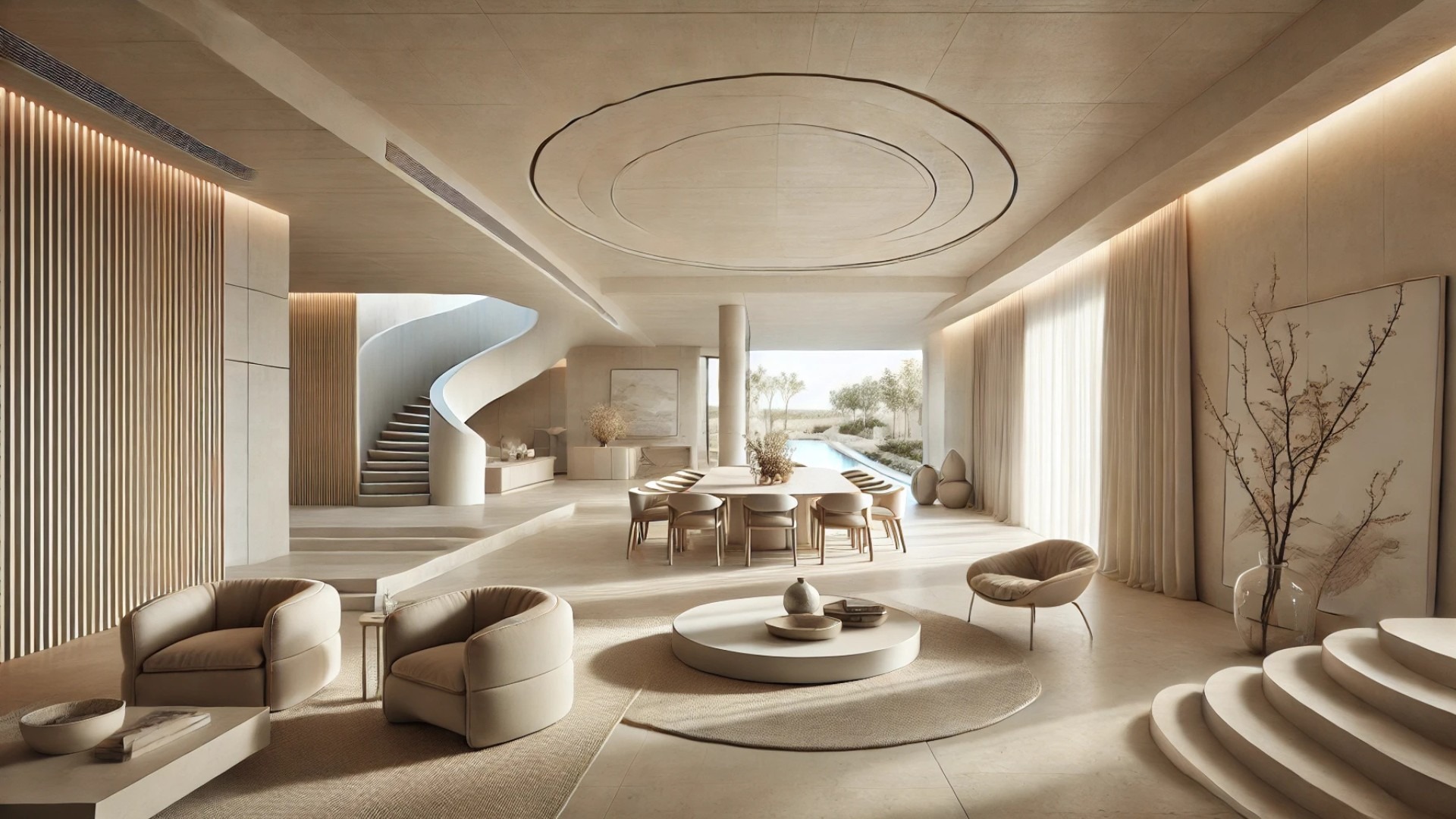 open-concept living space at Brighton Sands, highlighting the serene flow from lounge to dining nook, with curved furnishings and organic textures