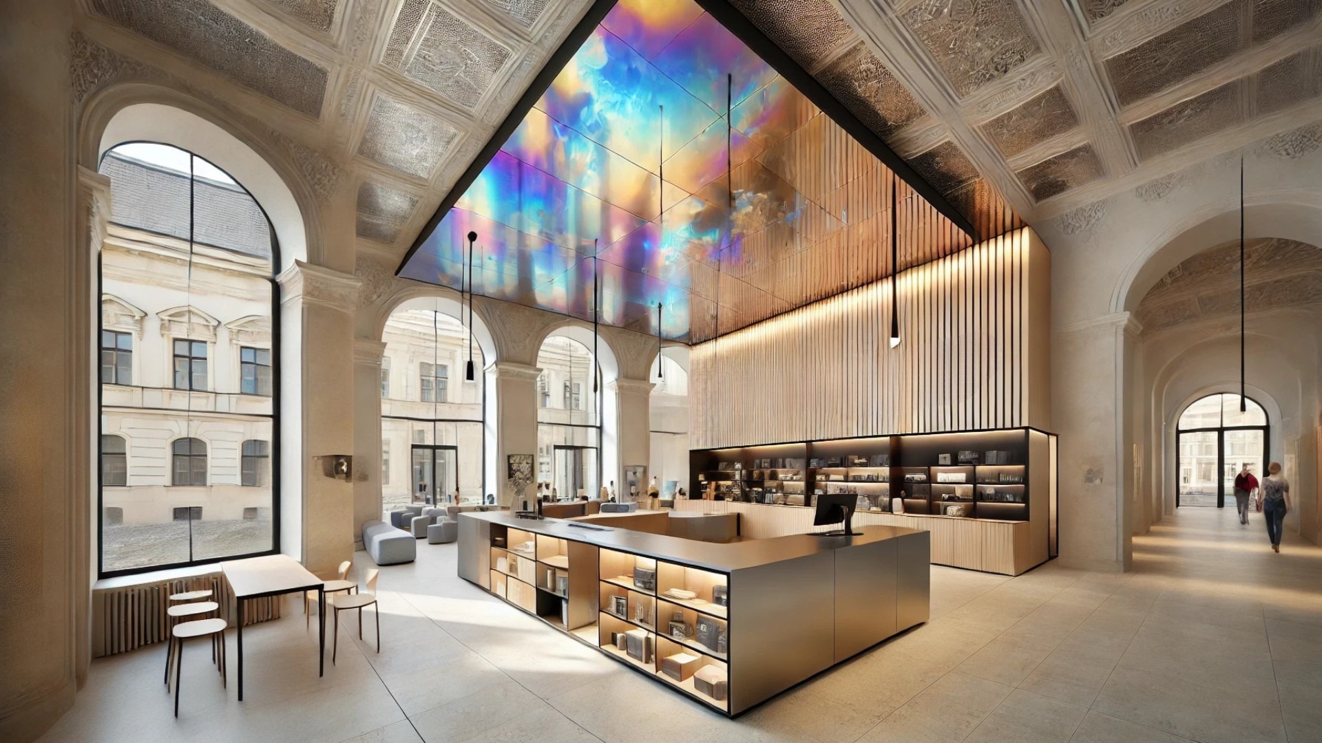 capturing the vibrant interior of the TIC Brno civic space, featuring iridescent titanium panels, a central multifunctional structure, and a design that balances modernity with historical charm