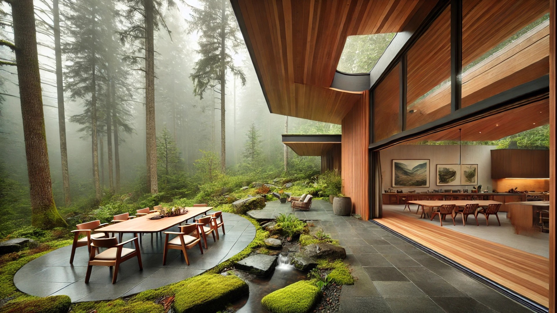 Forest Pavilion's patio, highlighting its seamless integration with the natural woodland surroundings