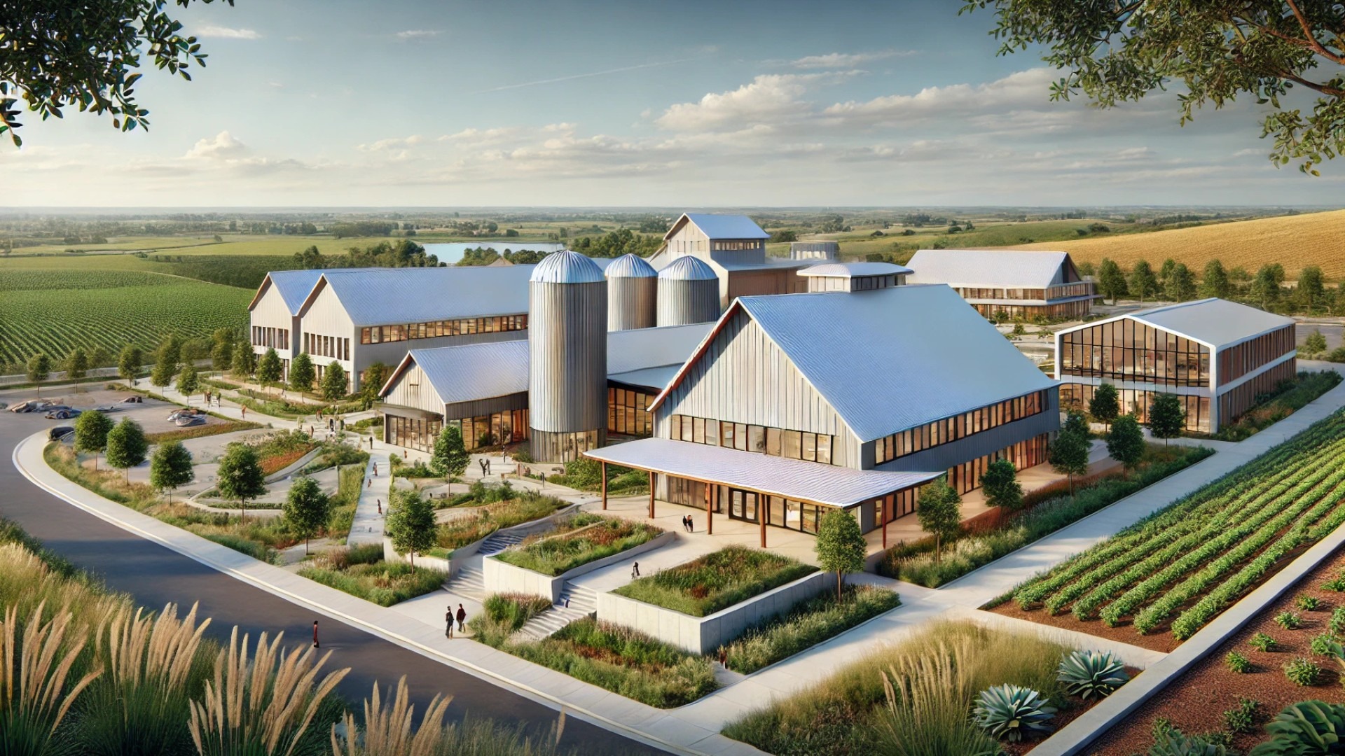 capturing the rural-inspired, modern corporate campus with standing-seam metal roofs in a serene natural setting