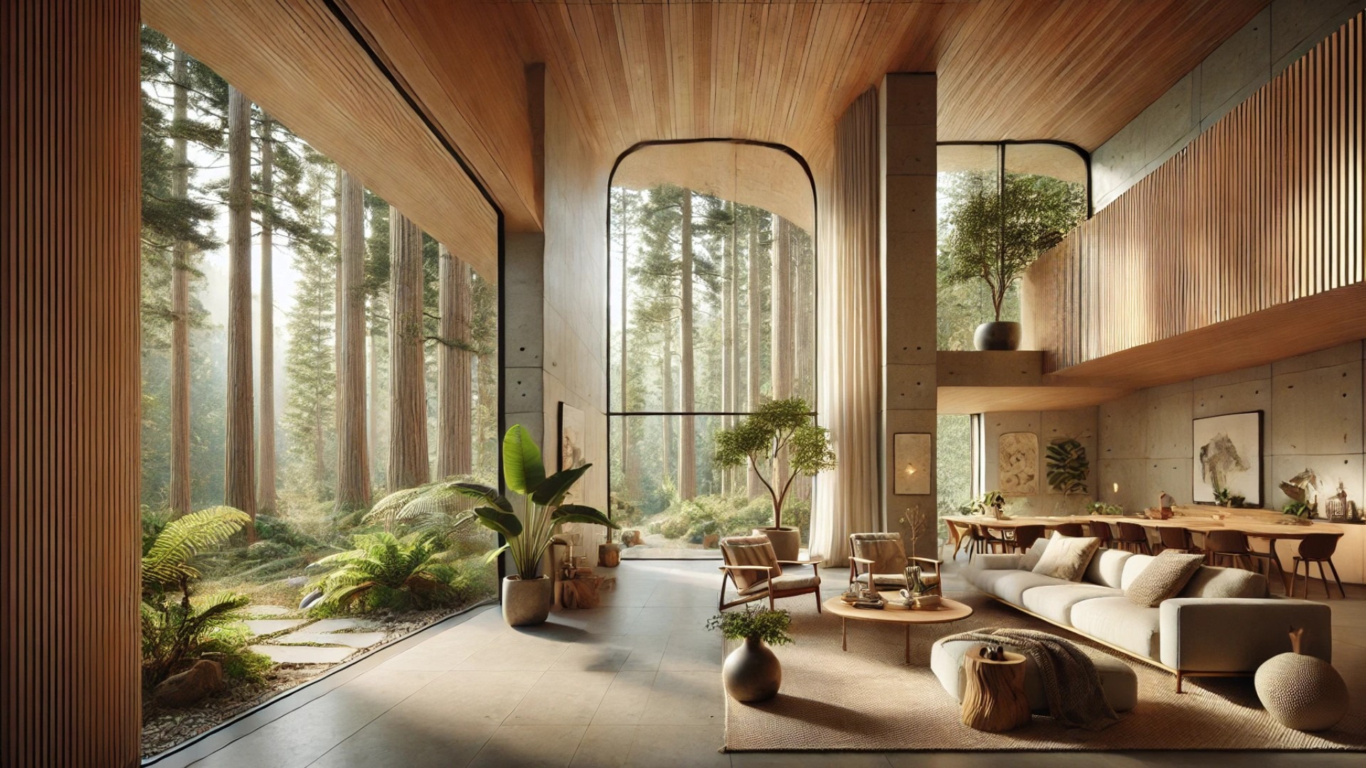 forest sanctuary home, emphasizing natural materials, abundant sunlight, and a serene connection to the surrounding woods
