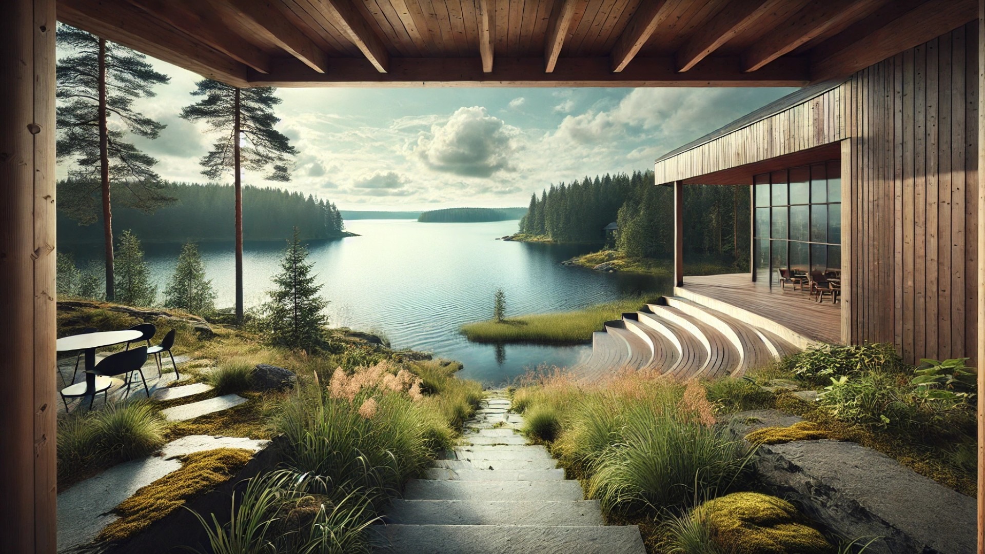 capturing the serene view from the Wendelstrand Lakehouse toward Lake Landvetter—framed by natural architecture and lush surroundings