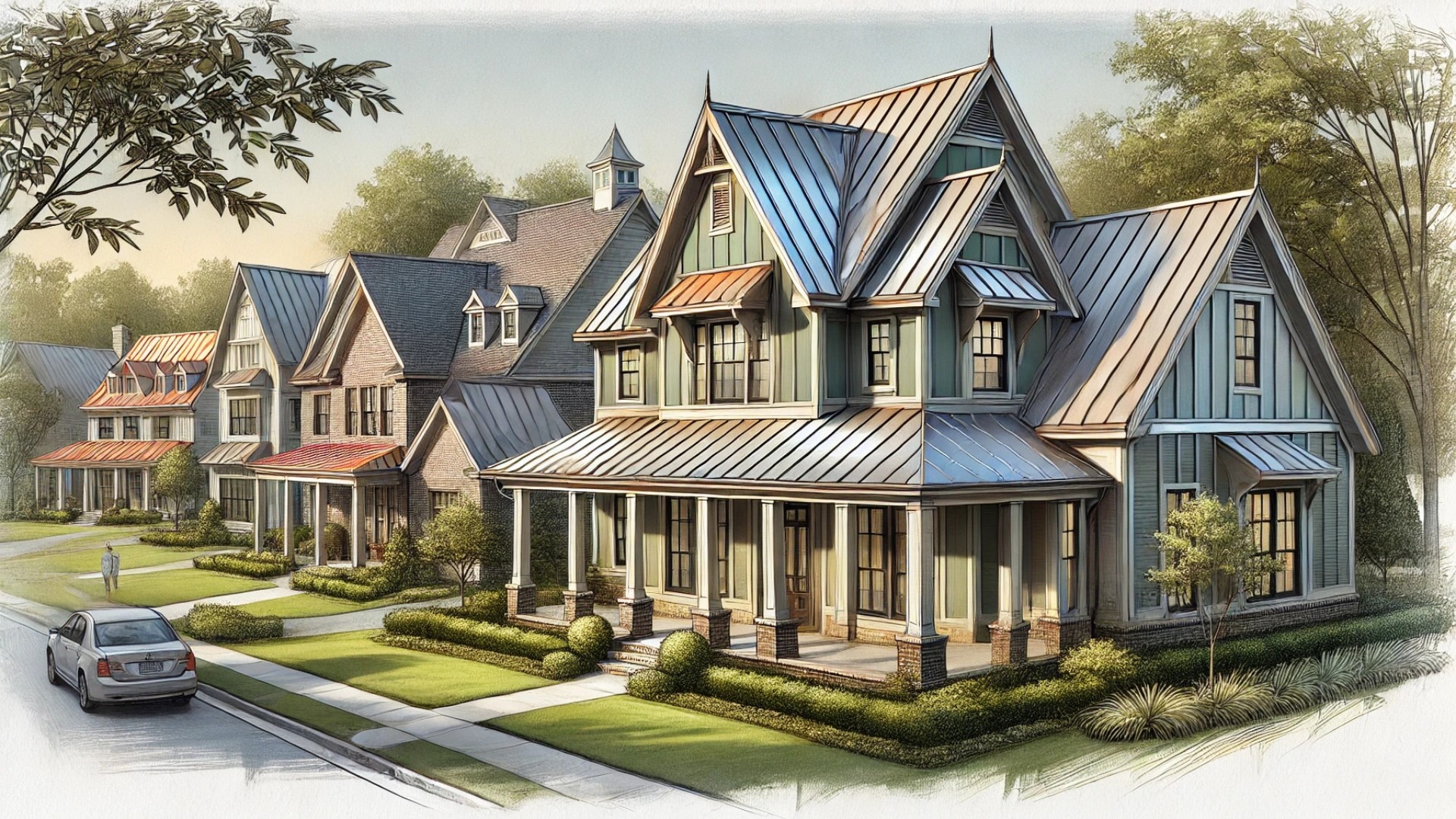 showcasing Nolensville homes with high-quality metal roofs—capturing the blend of historic charm, modern sustainability, and architectural refinement