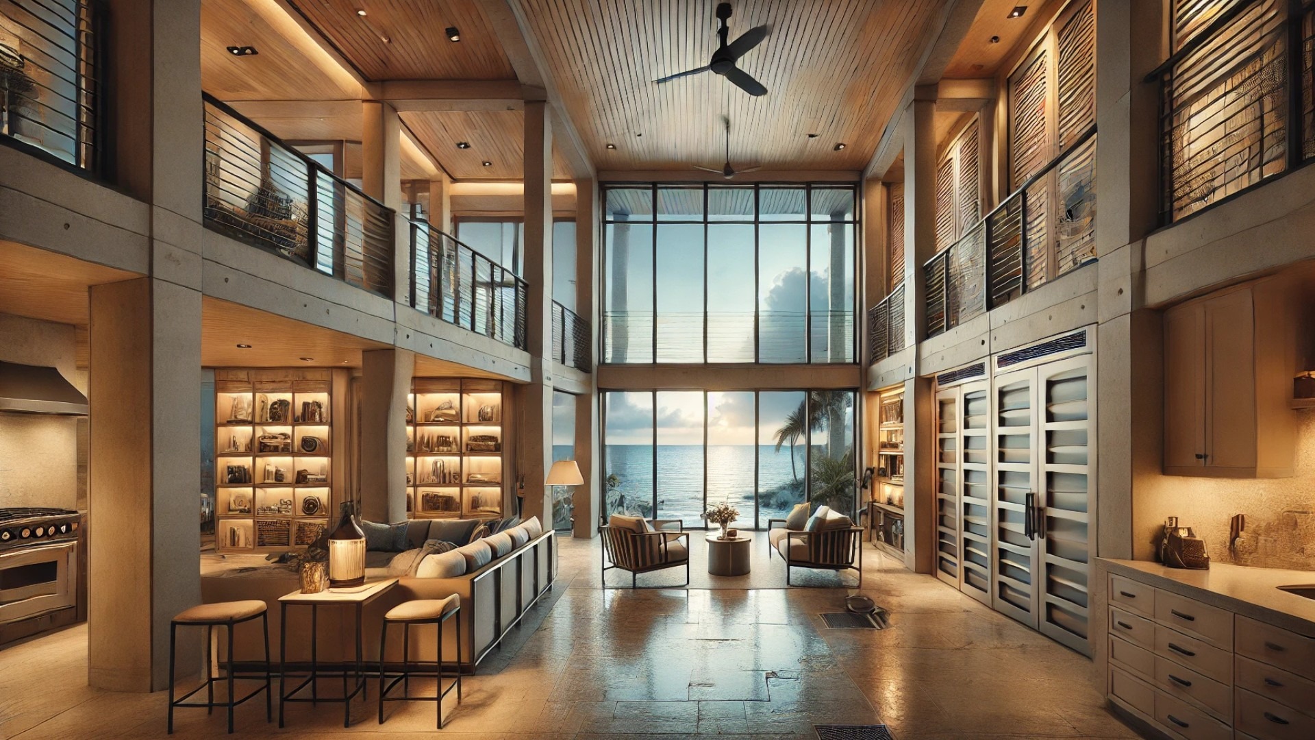 interior designed with storm resilience in mind—featuring impact-resistant windows, waterproof materials, and a calm, secure atmosphere that balances comfort with preparedness