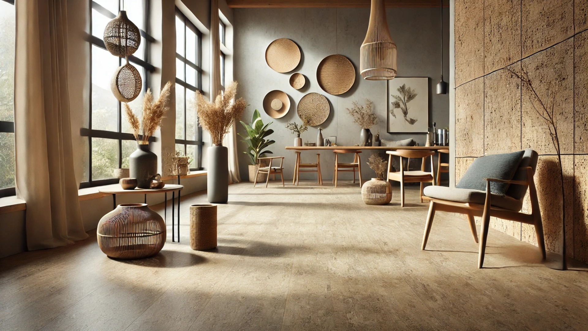 showcasing a modern interior with stylish linoleum flooring—highlighting its natural texture, warmth, and eco-conscious appeal