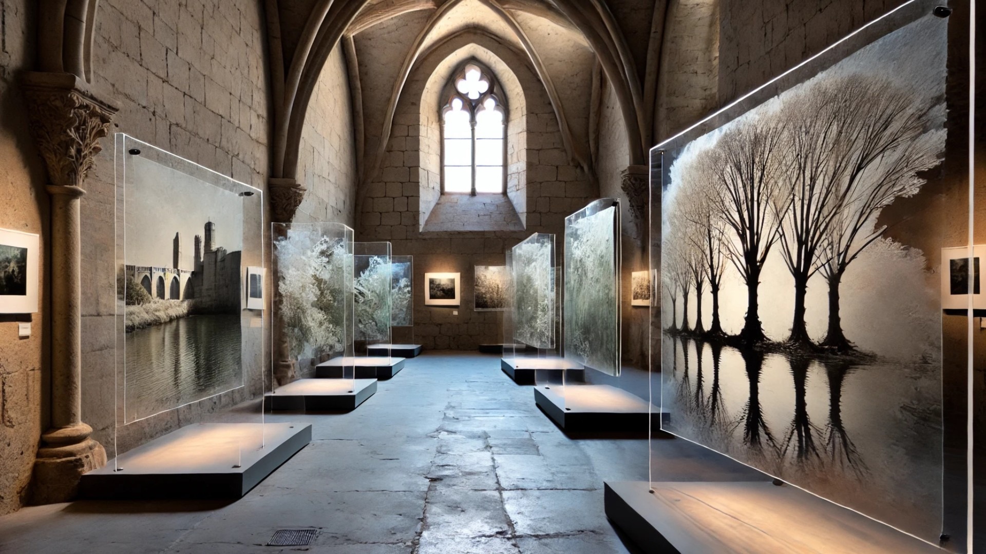 illustration of Raphaëlle Peria’s exhibition installation—capturing the layered plexiglas artworks, the poetic atmosphere, and the historic architecture of the Cloître Saint-Trophime in Arles