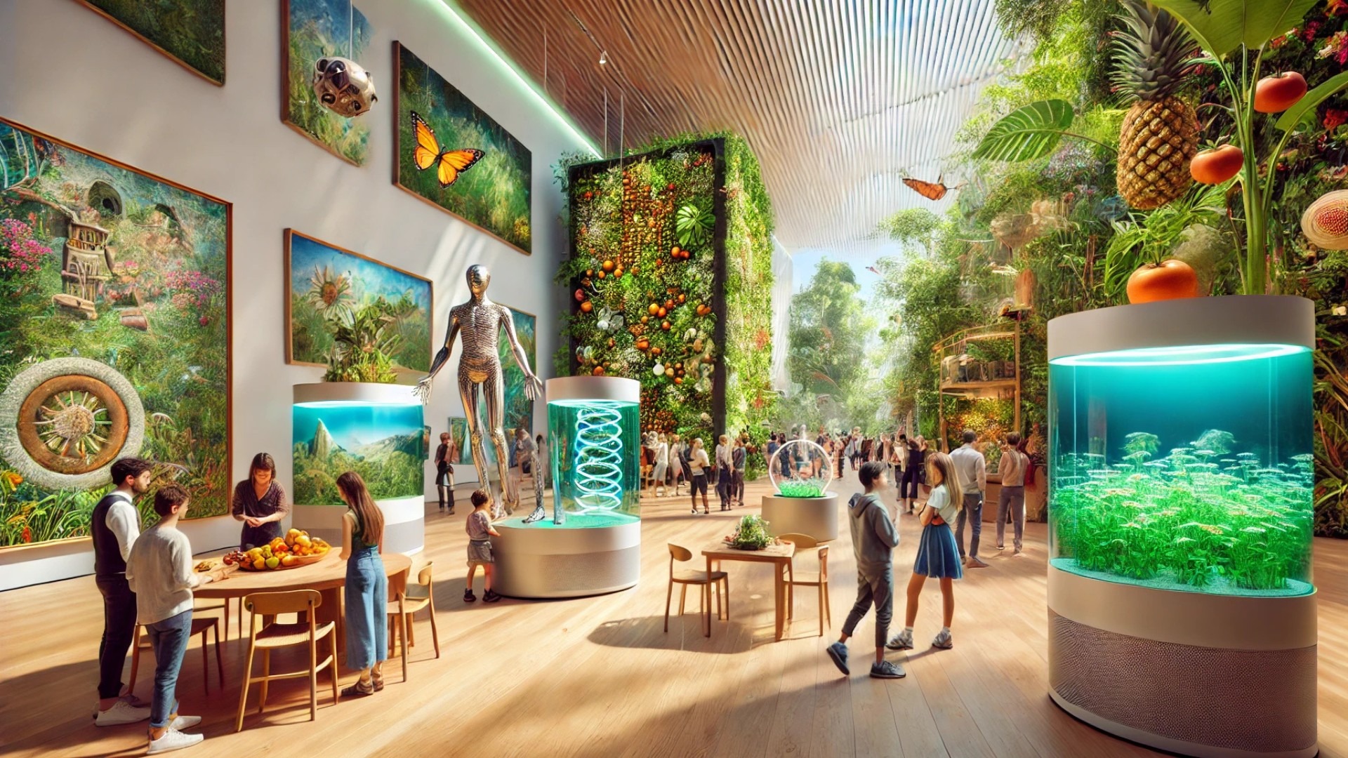 illustration of an eco-conscious art exhibition in London, capturing the vibrant atmosphere, sustainability-focused installations, and thoughtful visitor engagement