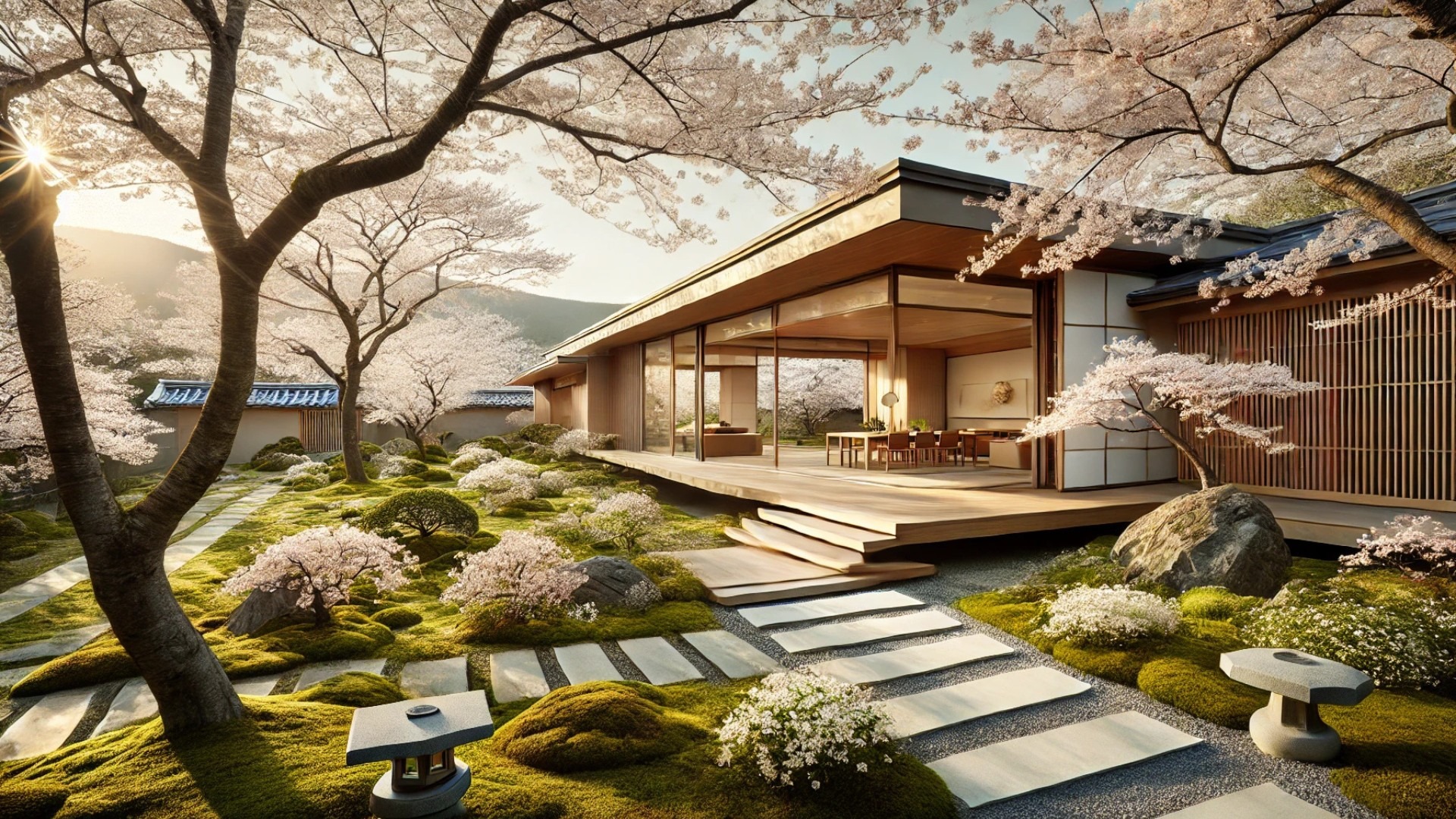 spring garden view of the Midorigaoka House, surrounded by blooming cherry blossoms and tranquil landscaping
